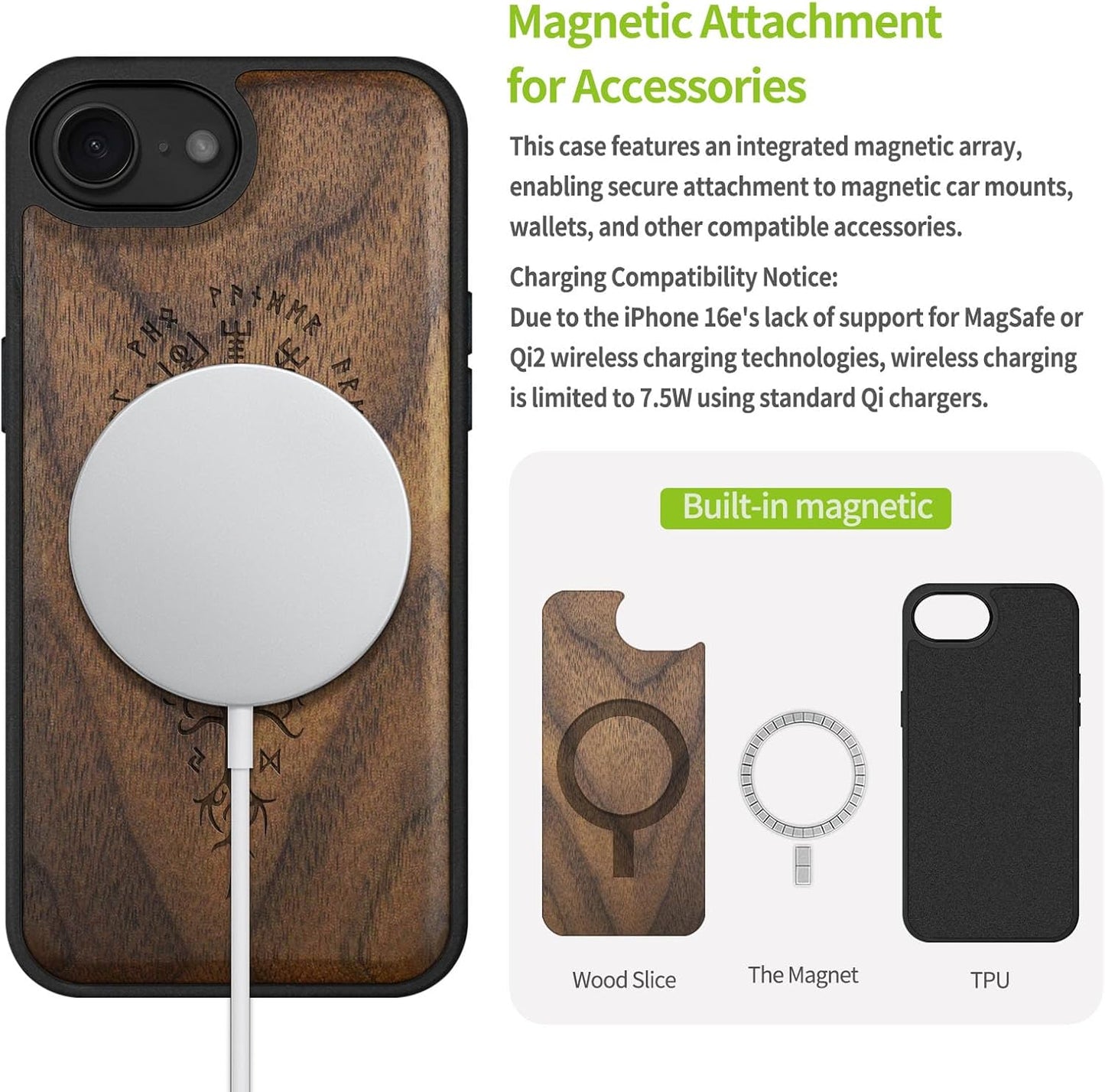 Carveit 16e 17e, Magnetic Wooden Case for iPhone / Solid Wood & Black TPU, Artisan Engraved Design, Shockproof Cover
