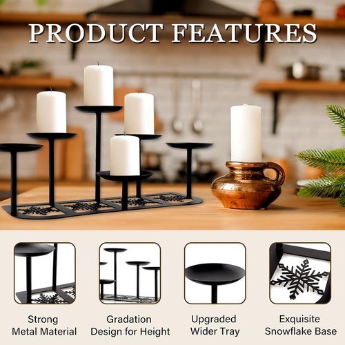 Fireplace Candelabra | Matte Black Metal Candle Holder with 6 Stands for Pillar Candles - Elegant Mantle Decor