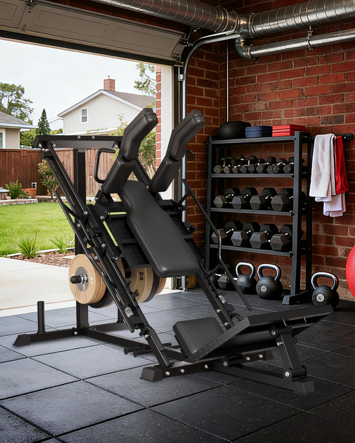 2-in-1 Leg Press & Hack Squat Machine, Linear Bearing Smooth Track, Fits 1" & 2" Weight Plates, 1200LB Capacity, 4-Position Safety Stops, Quick-Change Footplate, Plate Storage (Weights Not Included)