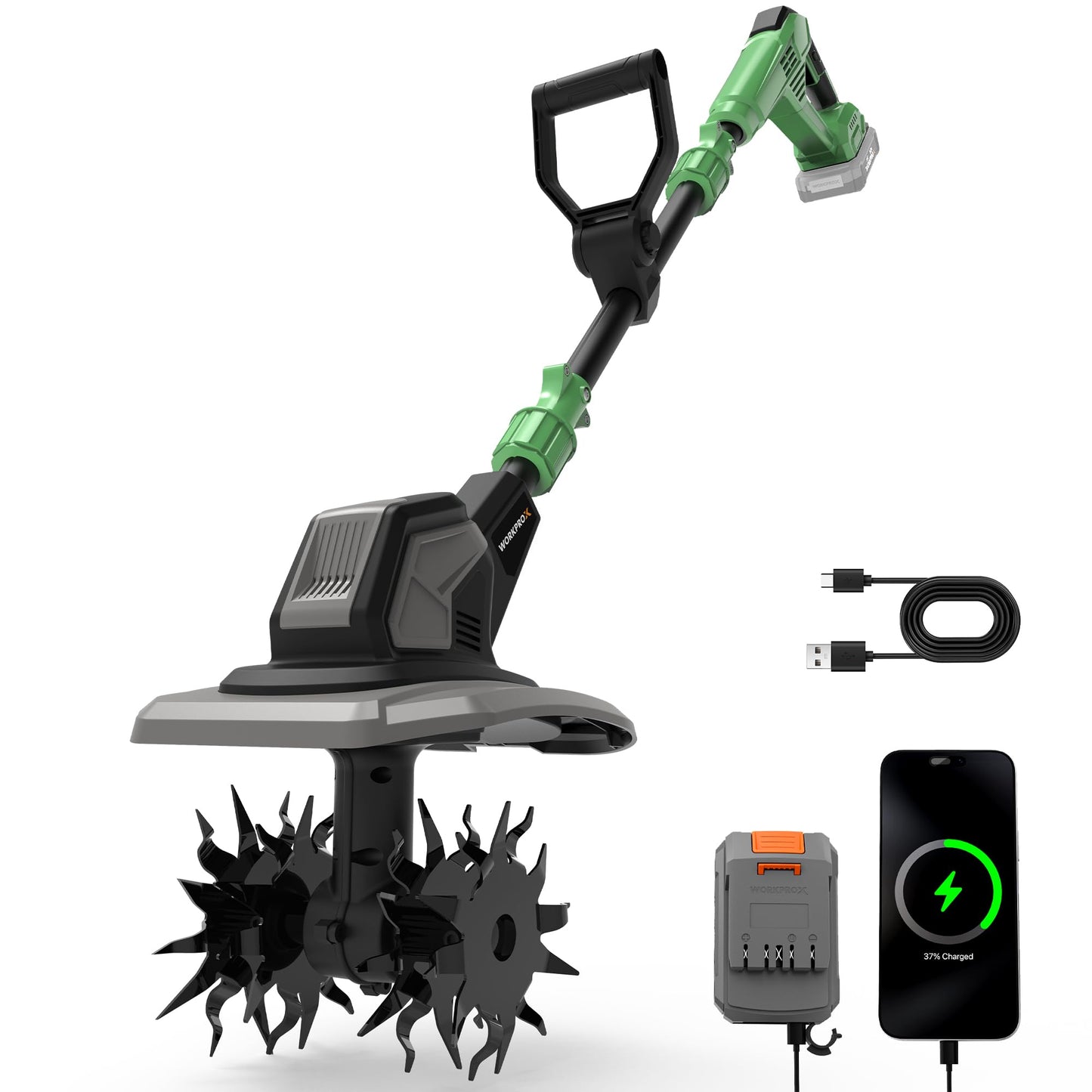 WORKPROX 20V Cordless Tiller Cultivator, 4×12 Durable Steel tines, 8-Inch Wide & Deep Garden Rototiller, 4.0Ah Battery Powered, Electric Cultivator for Soil, Lawn & Garden