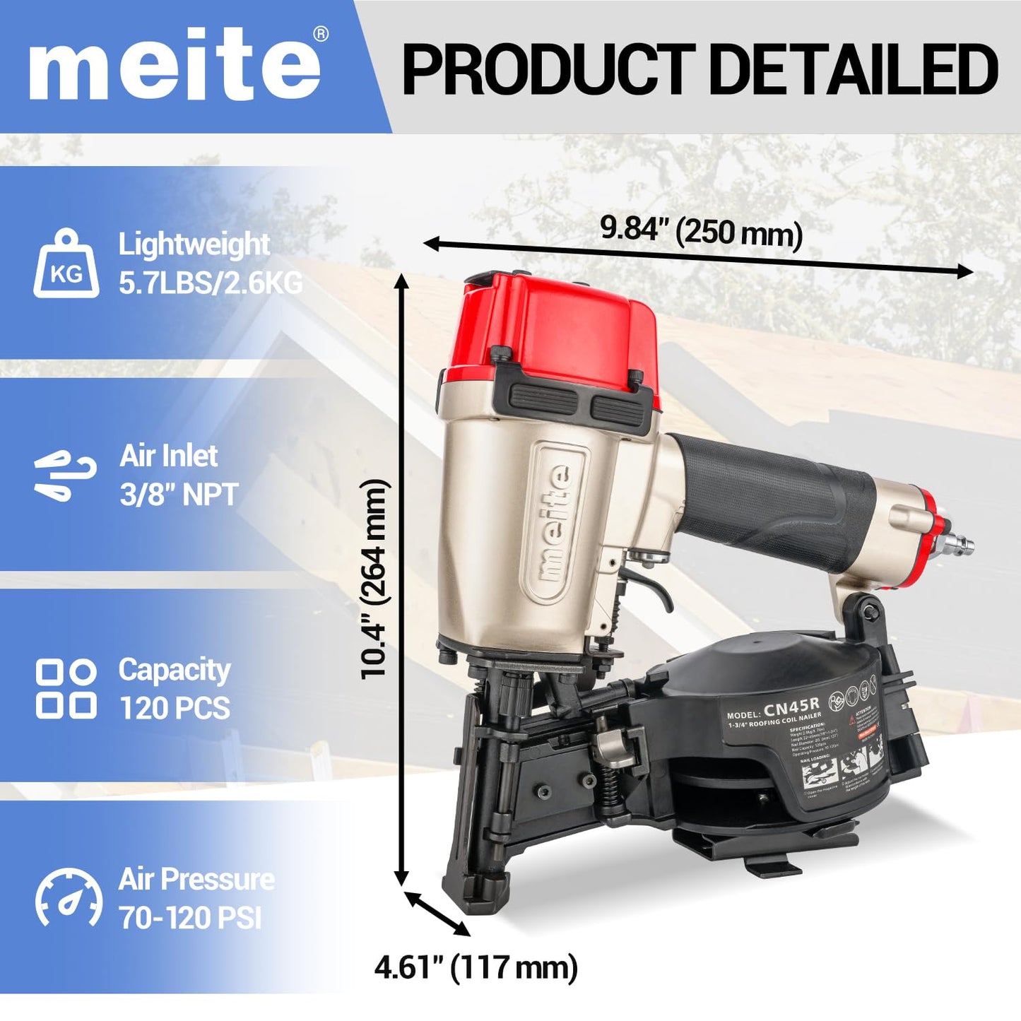 meite CN45R Roofing Nailer 15 Degree Coil Roofing Nail Gun, Pneumatic Nail Gun Accepts 7/8" to 1-3/4" Coil Roofing Nails, Roofing Nailer with 120 Nail Magazine for Asphalt Shingles Decking Sheathing