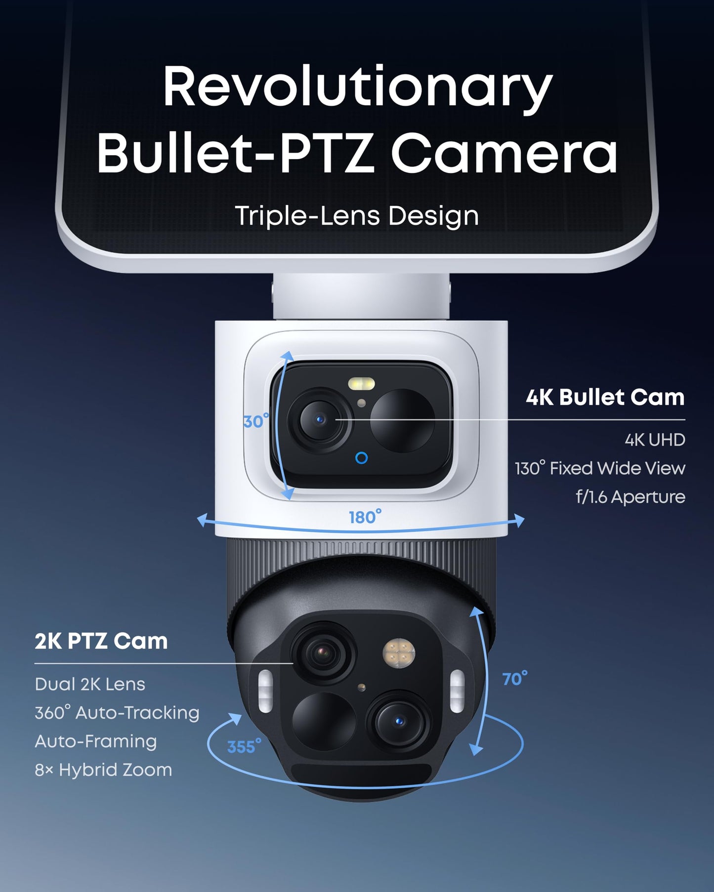 eufy Security eufyCam S4,4K Solar Camera Wireless Outdoor, Triple Lens Bullet-PTZ Cam, 360° View, 8X Auto Zoom, AI Recognition,AI Track, Color Night Vision, 0 Monthly Fee, Built in 32 GB Storage