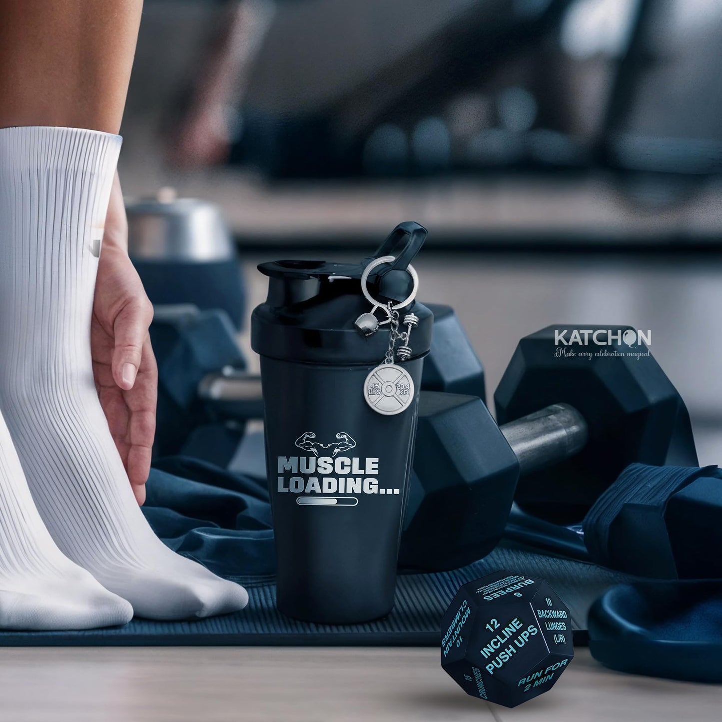 KatchOn, Fitness Gift Set – Pack of 4 | Gym Accessories for Men, with Exercise Dice | Valentine Gifts for Him | Workout Gifts for Men, Pre Workout Shaker, Dice and Dumble Keychains