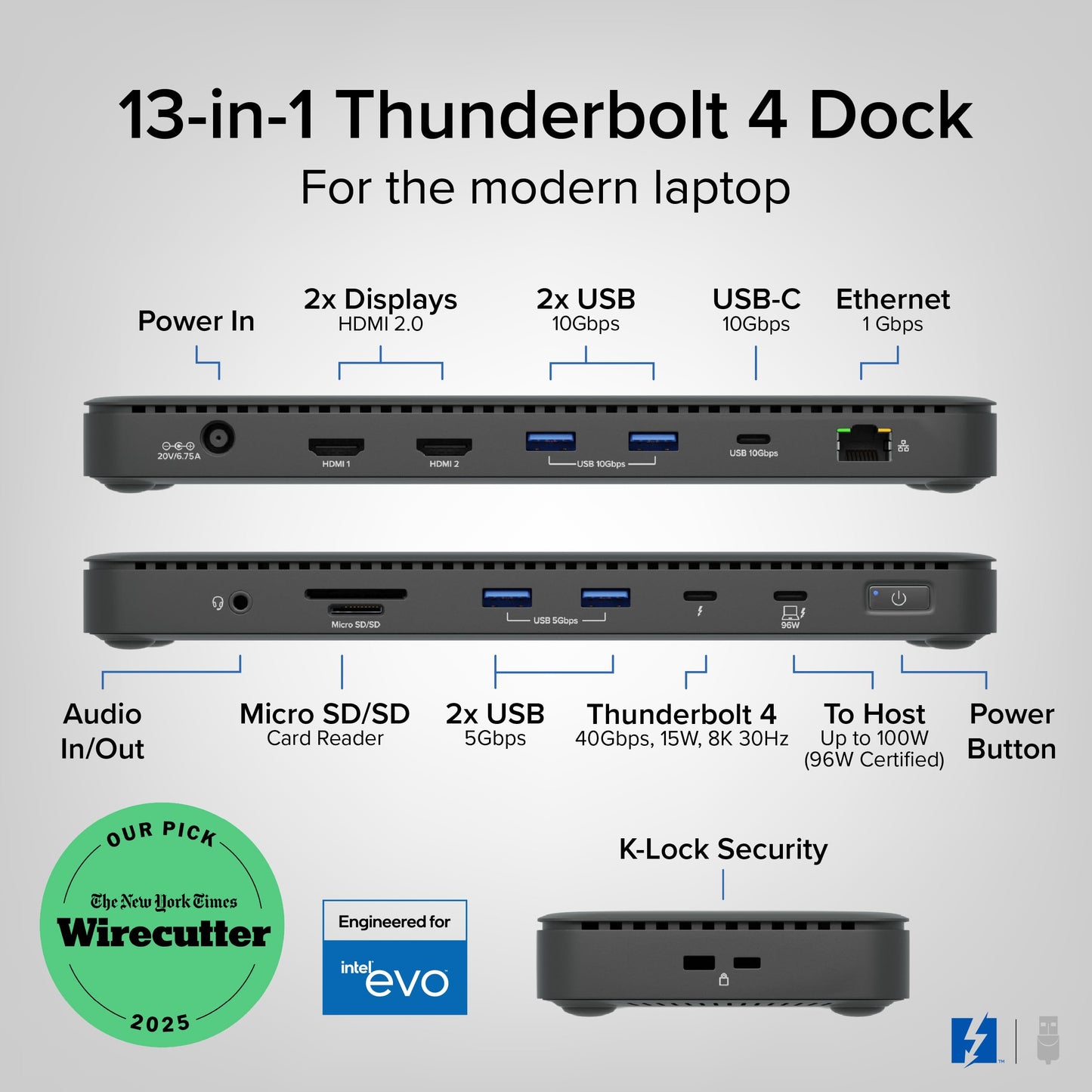 Plugable Thunderbolt 4 Dock with 100W Charging, Thunderbolt Certified, Laptop Docking Station Dual Monitor Single 8K or Dual 4K HDMI for Windows and Mac, 4X USB, Gigabit Ethernet (TBT4-UD5)