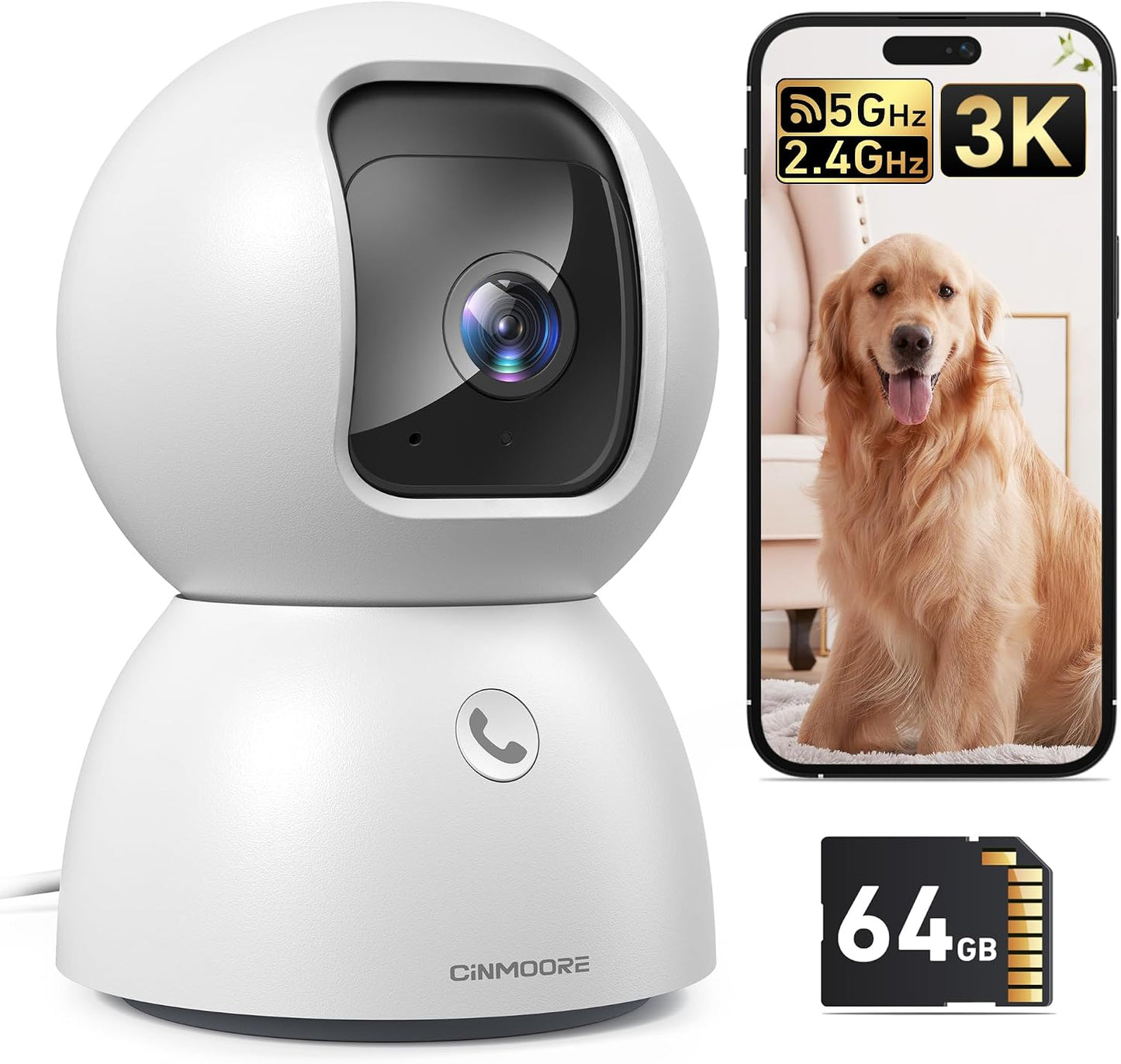 CINMOORE 3K 360 2-Way 2.4GHz 5GHz 64GB Smart Indoor Dome Security Camera with AI Human/Pet/Facial Detection, Pan-Tilt
