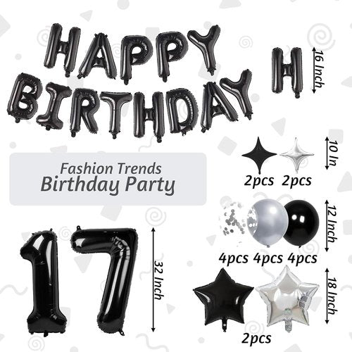 17 Balloon Numbers by [Brand Name] - Happy Birthday Foil Banner & Silver/Black Star Balloons