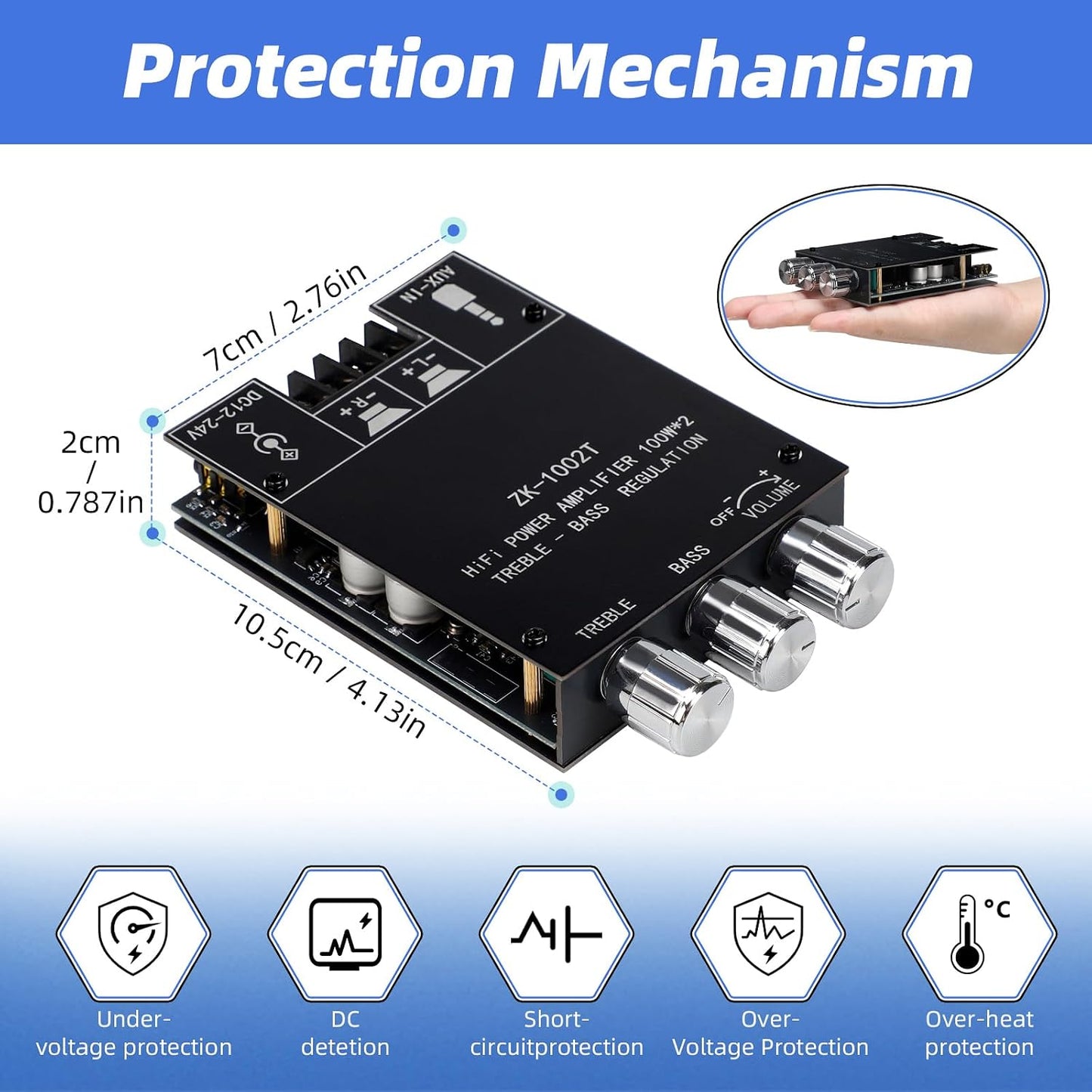 Cozychord ZK-1002T 5.0 200W 2.0 12V-24V Bluetooth Stereo Amplifier Board, HiFi Channel Mini Audio Amp Module