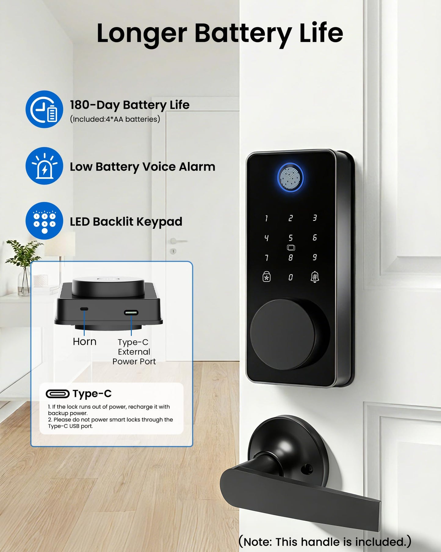 IBLOG Smart Lock with 2 Lever Handle Set, Fingerprint Keyless Entry Door Lock Front Door App Control, Electronic Touchscreen Keypad Deadbolt, Auto Lock, IP54 Waterproof, Easy Install Built-in Doorbell