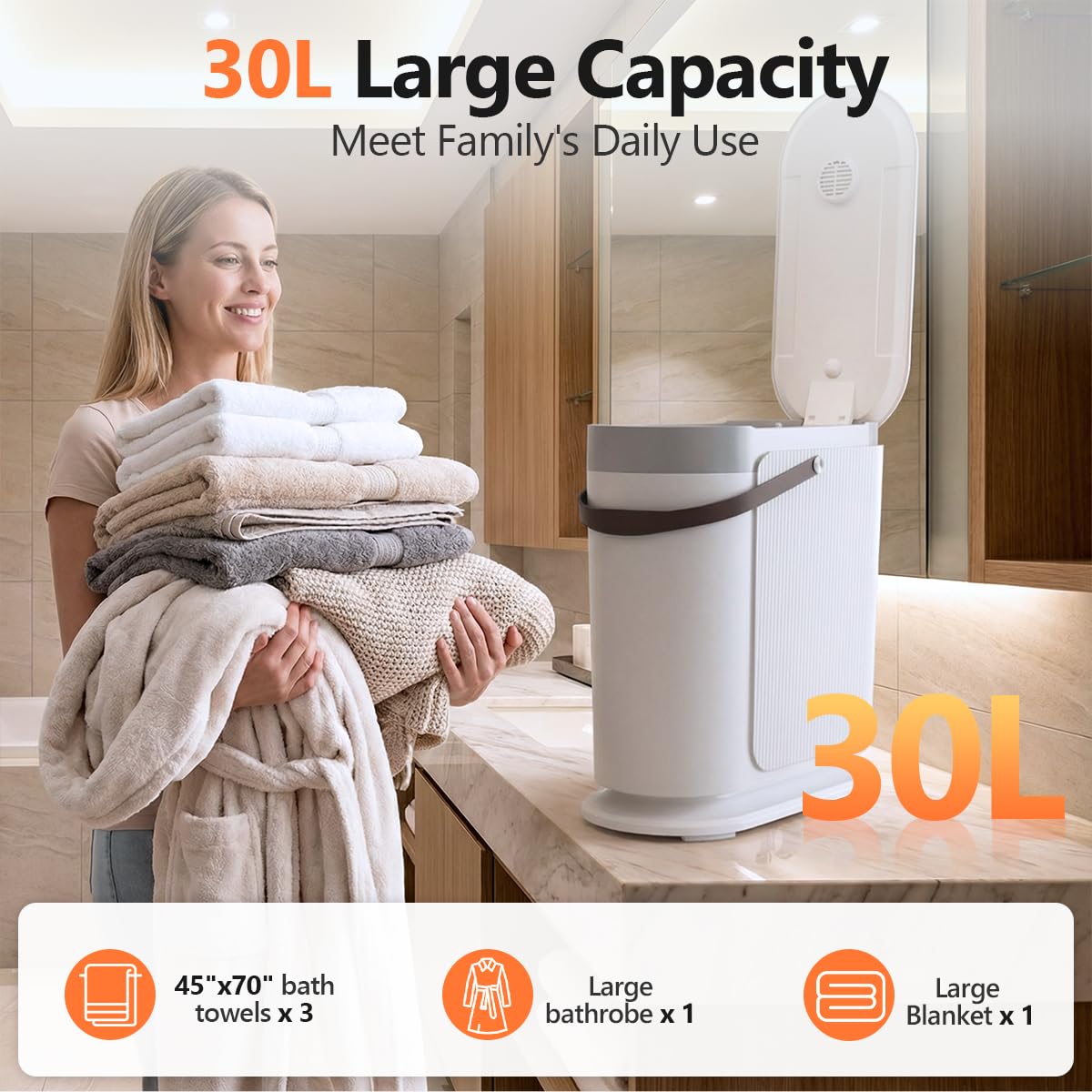 KISSAIR 30L Large Towel Warmer, Rapid Dry & Heated 2 in 1 Towel Warmer Bucket for Bathroom, Fits Up to Three 45"X70" Oversized Towels or One Large Blanket, 24-Hour Timer and Auto Shut Off, White