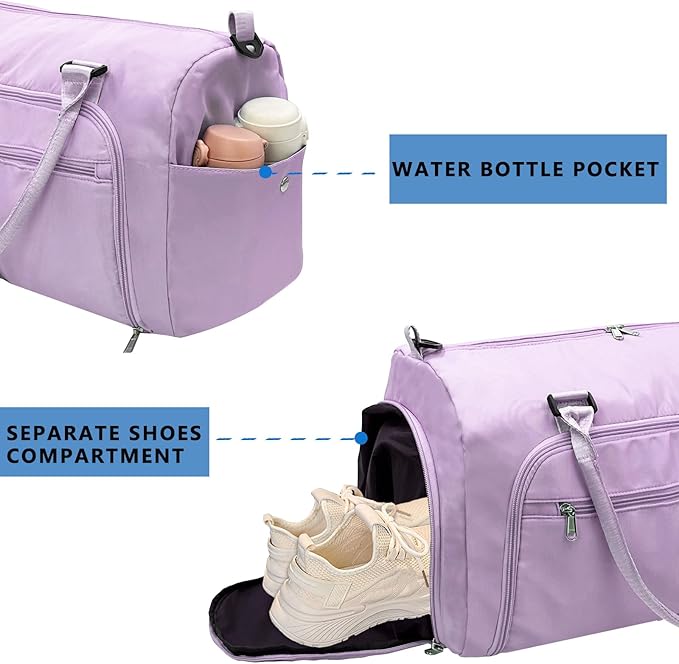 woogwin Small Gym Bag for Men & Women with Shoes & Wet Compartment Waterproof Duffle Bag for Travel Sports Workout Overnight Weekender (17.7'',Purple)