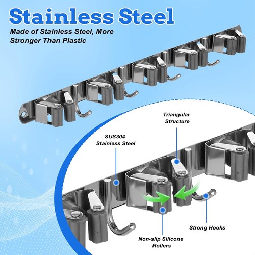 Heavy Duty Wall Mount Broom Holder by [Brand Name] - Stainless Steel Organizer with 5 Racks & 4 Hooks | Self-Adhesive or Screw Mount for Garage, Laundry, Kitchen - Silver