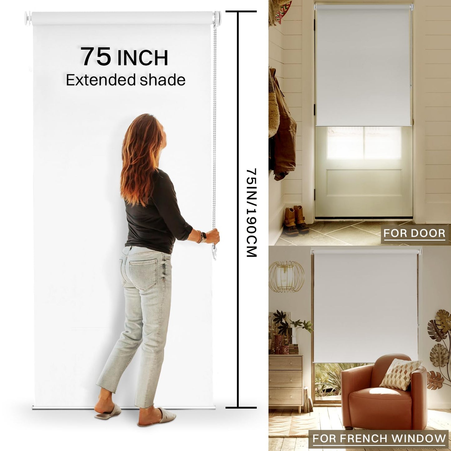 No Drill No Tools 100% Blackout Roller Shade | UV Protection | Easy-Care Fabric | Roller Blind for Windows & Doors | Pull Down Window Shade - White (60.5" W x 75" H)