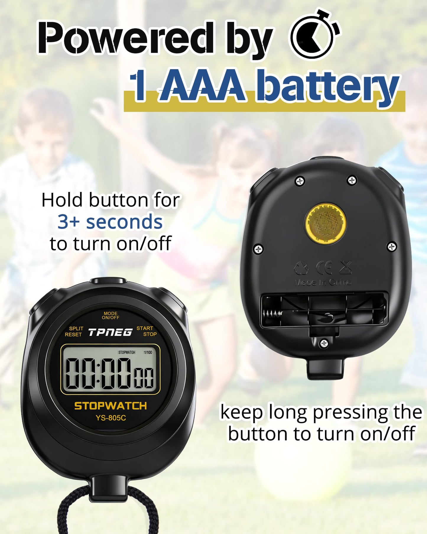 TPNEG Simple Stopwatch Timer - Easy to Use, Set Up, Read, and Carry - Large Display - On/Off, AAA Battery, No Hourly Beep - Ideal for Kids, Track and Field, Sports, Classroom - Stopwatches for Coaches
