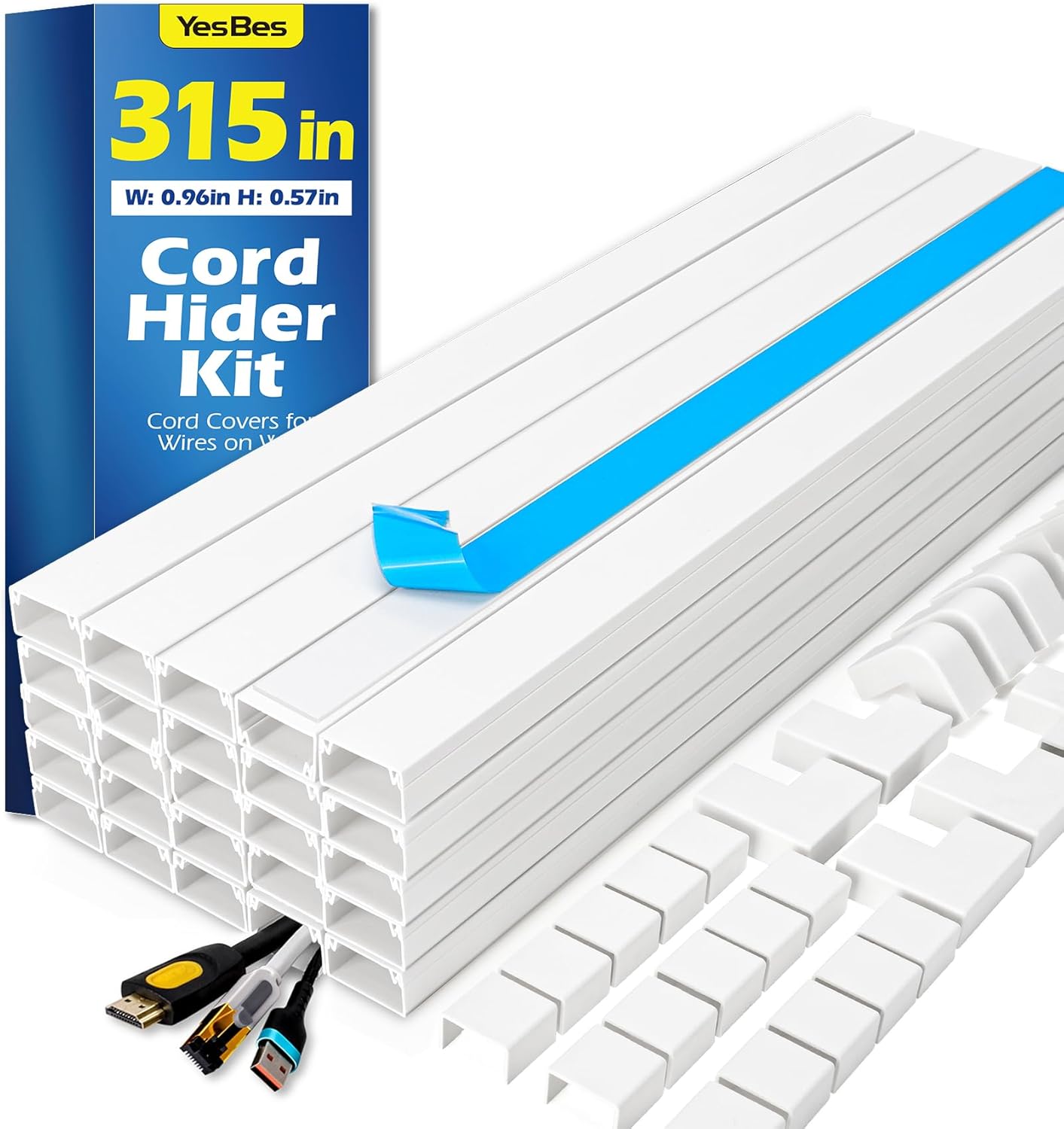 YesBes 315in 20X L15.7in W0.96in H0.57in, Cord Hider Kit, Paintable Cable Raceway, Cord Covers for Wires on Wall, Cord