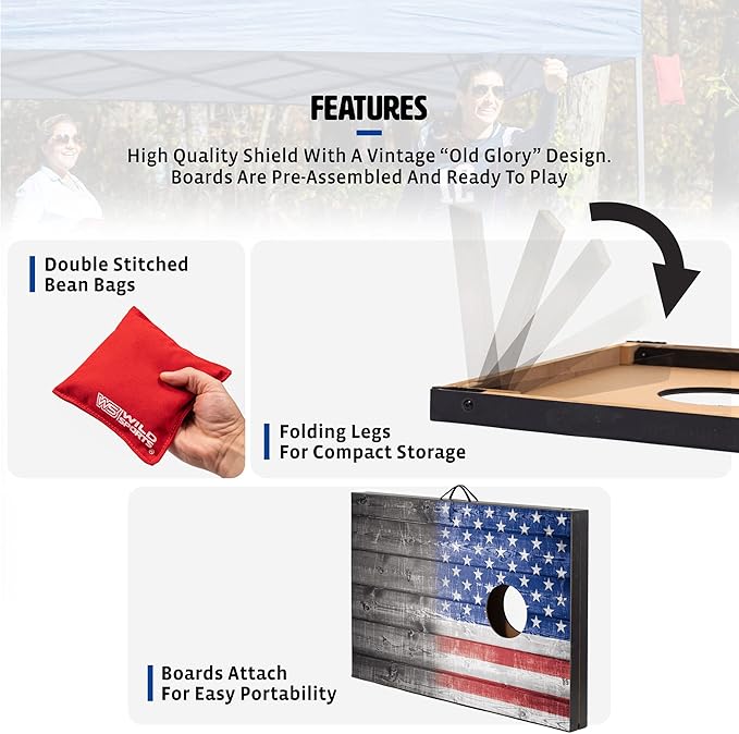 Wild Sports 2’x3’ or 2’x4’ Cornhole Outdoor Game Set, USA Flag or Natural Wood Options with Carry Bag Included – Perfect for Backyard, Beach, and Tailgates, Add On Extra Bags