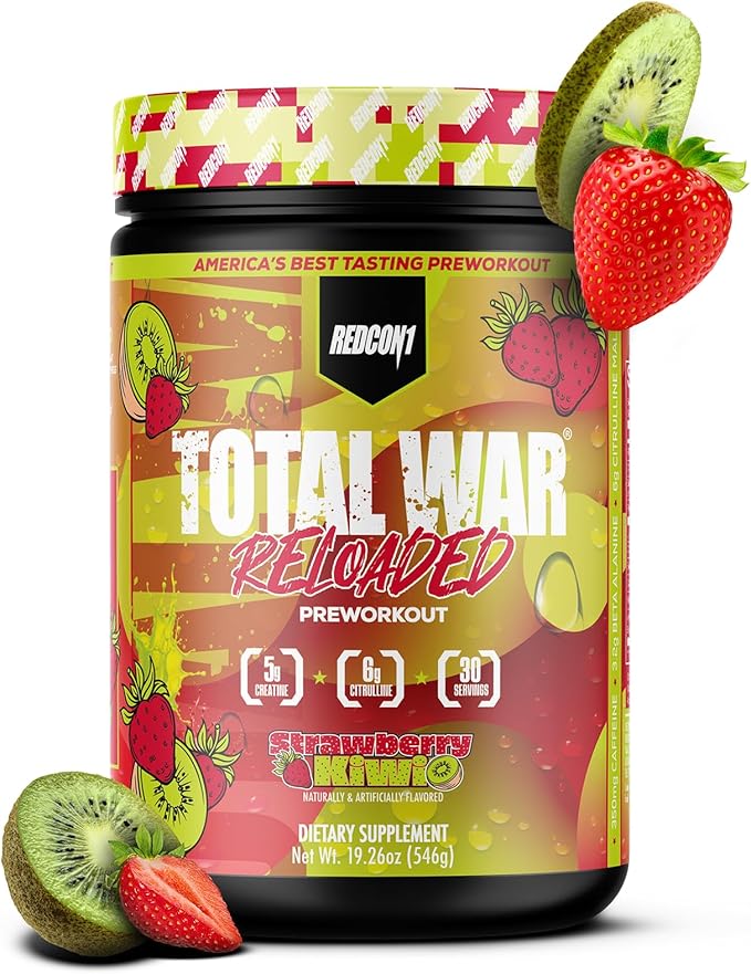 REDCON1 Total War Reloaded Pre Workout, Strawberry Kiwi - Creatine, Beta Alanine + L-Citrulline Malate Keto Friendly for Men & Women with 350mg of Caffeine - Fast Acting (30 Servings)