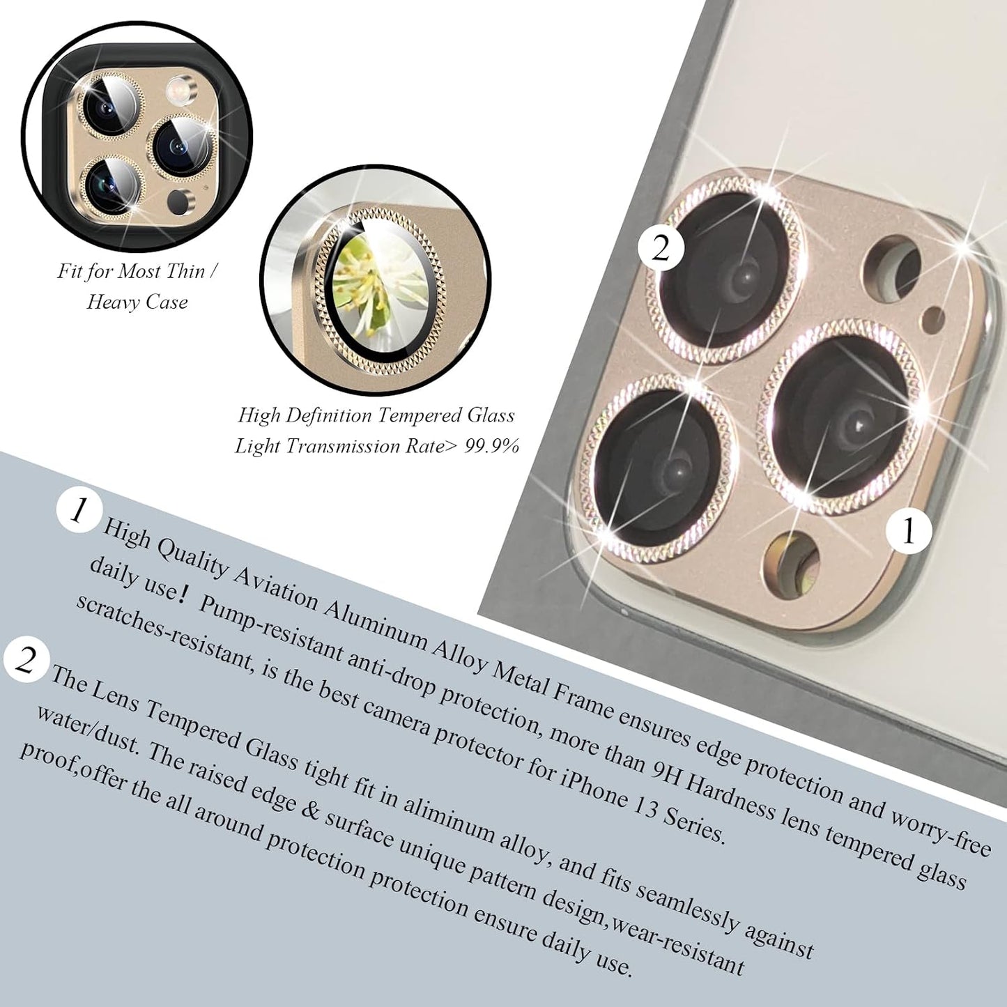 2 Pack 13 9H Camera Lens Protector Compatible for iPhone Pro/Max,Aluminum Alloy Metal & Tempered Glass Camera Cover