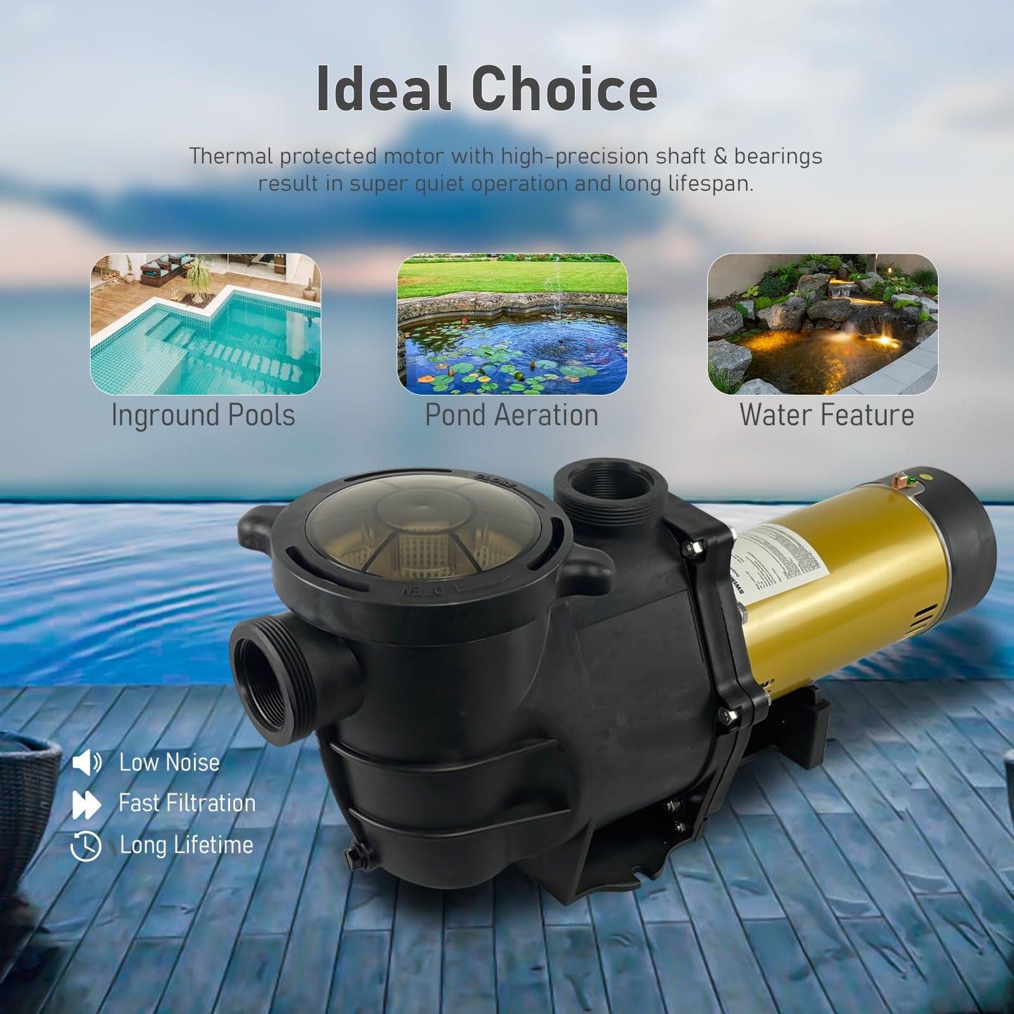 2.5HP Two Speed In/Above Ground Swimming Pool Pump, Original 2.0 inch Port Size, Comes with 1.5" and 2.0" pipe fittings, 8100GPH Qmax, 66FT Hmax, Thermal Protected Long Lifetime Pool Motor