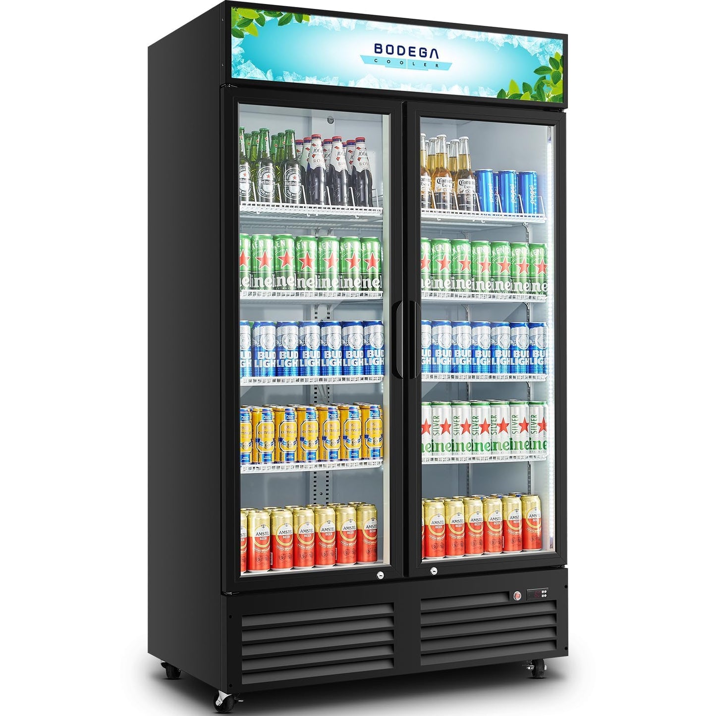 BODEGA BODEGACOOLER 35.4 Cu. Ft Commercial Beverage Refrigerator, 2 Glass Door Merchandiser Cooler Display Refrigerator with LED Lighting, Adjustable Shelves, Temperature Control and Casters, Black