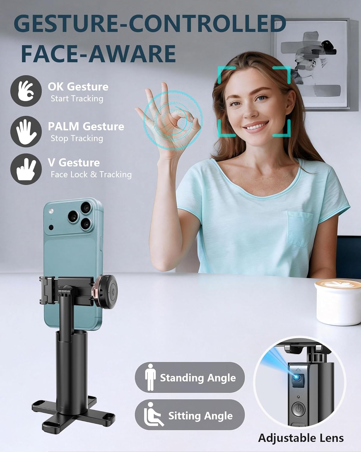 360 1/4-Inch Auto-Tracking Phone Tripod, Rotation Auto Face Tracking Tripod with Gesture & Remote Control, Cell Phone