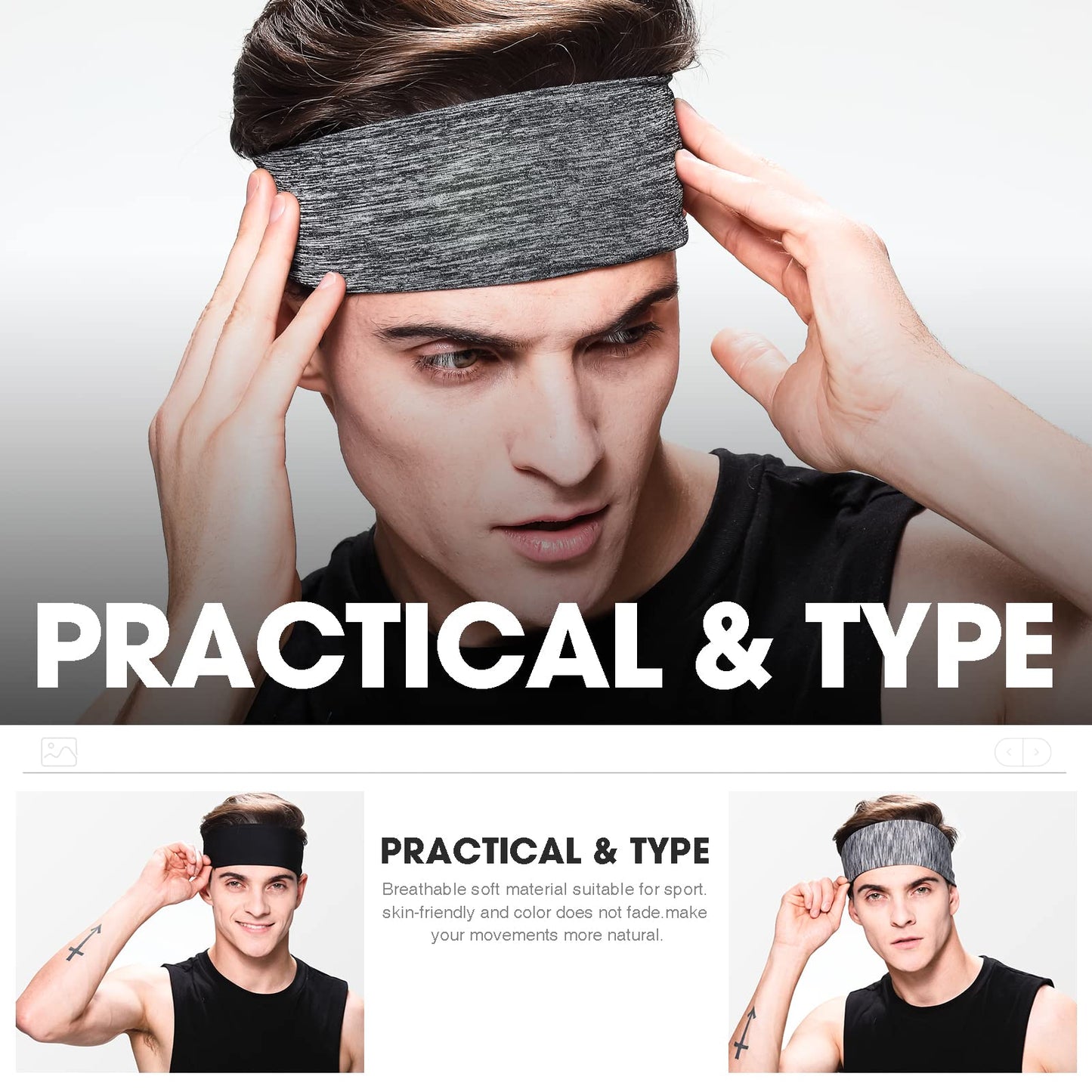 Braylin Men's Headbands, 3-Pack Head Band for Men, Sport Sweatbands for Running Fitness Yoga Cycling, Sweat Wicking Non Slip