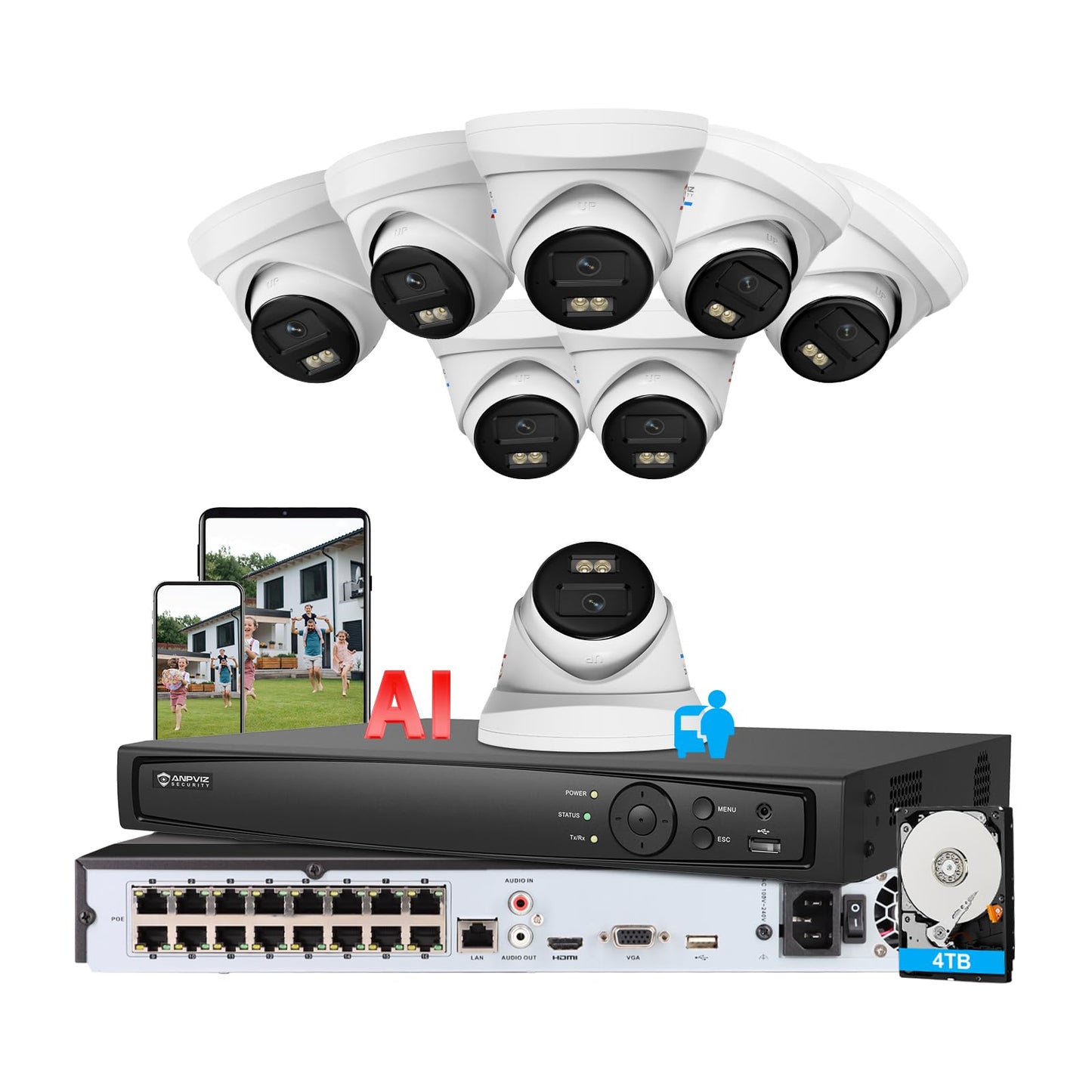 Anpviz 12MP@10fps 16Channel PoE Security Camera System, 8X12MP Wired PoE IP Cameras with Audio, Human Vehicle Detection, Smart Dual Light, 4K/12MP 16CH NVR with 4TB HDD for Business Home（H Series）