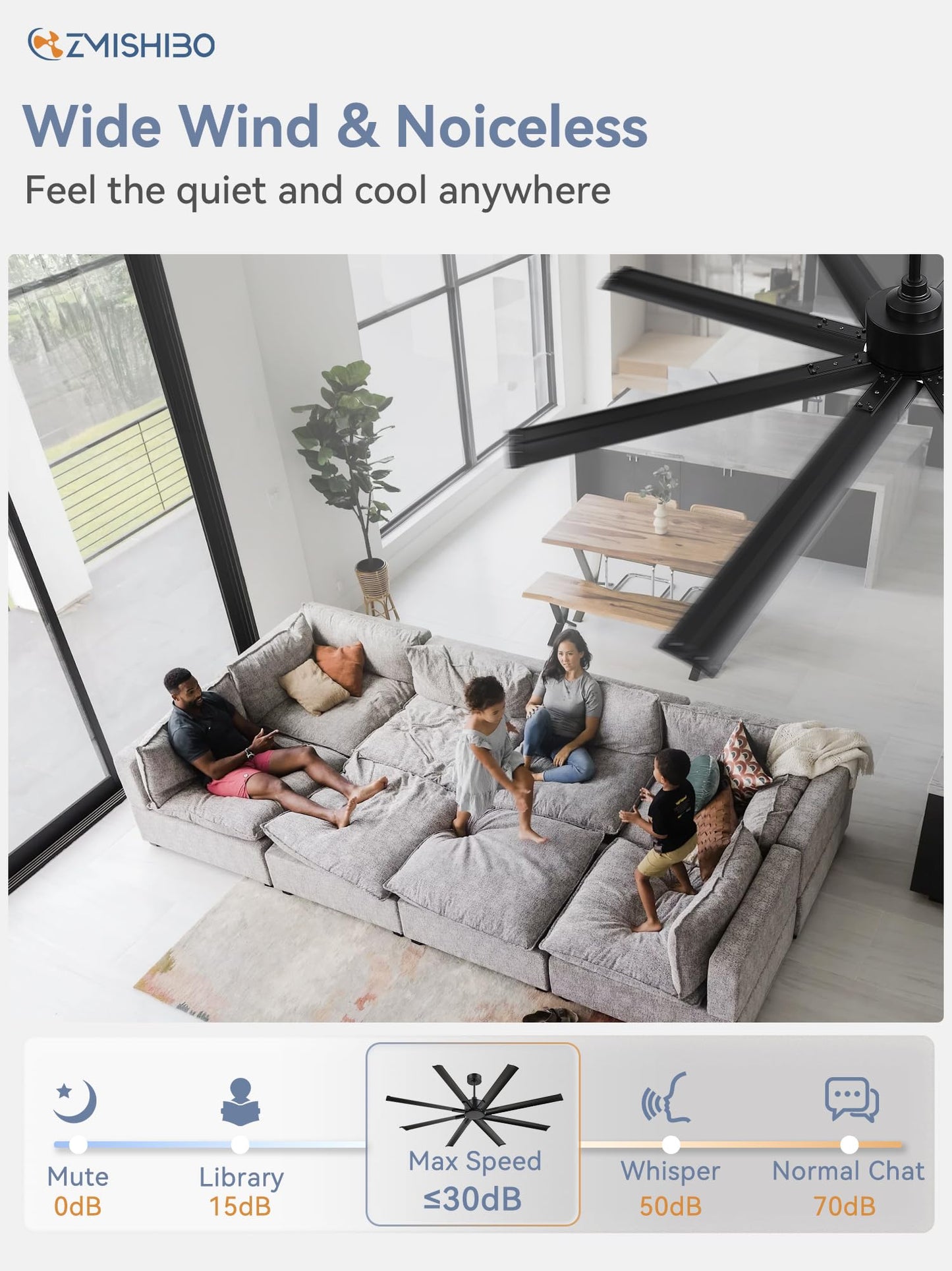 ZMISHIBO 72 Inch No Light, Large Industrial Ceiling Fan with 8 Aluminium Blades, Quiet DC Motor, 6 Speeds, Modern Ceiling Fan without Light for Garage/shop/living room,Black