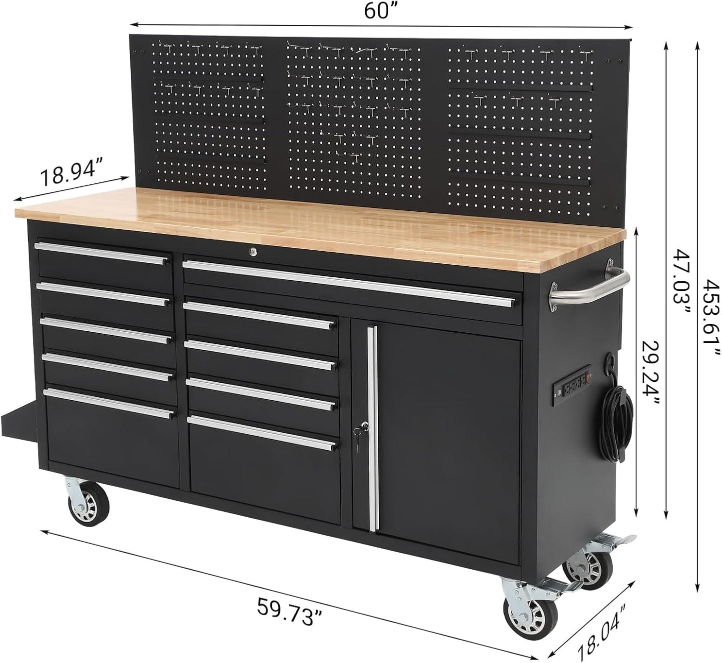 GarveeLife 61-Inch Rolling Tool Chest with 10 Drawers Garage Workbench, Solid Rubberwood Top, Storage Cabinet with Wheel Lock and Key Lock for Workshop, Garage, Kitchen and Home