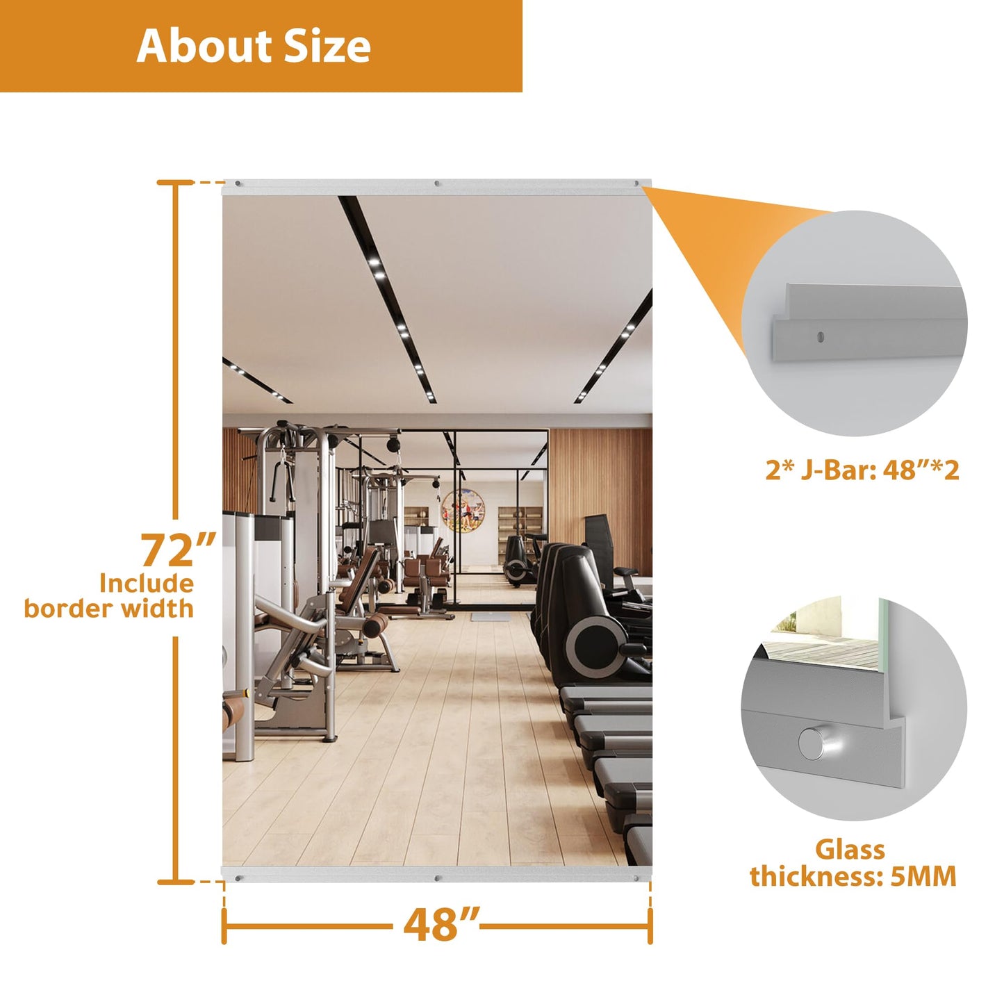 ROOMTEC Home Gym Mirror, 72"x 48"-1 PCS Frameless Gym Mirrors for Home Gym, Large Full Body Tempered Glass Wall Mounted Mirror for Yoga Room, Dance Studio, Workout Room