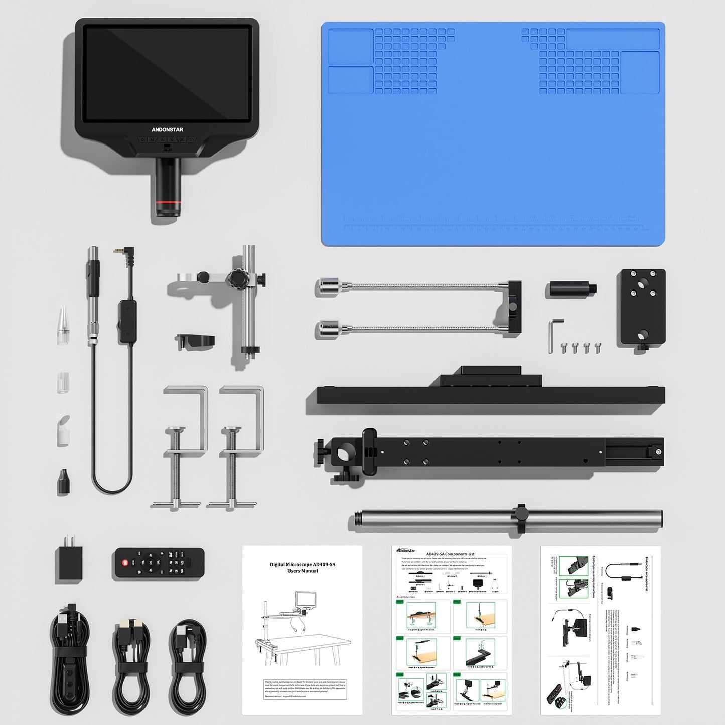 Andonstar AD409 SA 10.1'' HDMI Soldering Digital Microscope with Slide Rail Arm, Endoscope, 300X USB Electronic Microscope Camera for Professional PCB Repair, Soldering, Electronics, Windows PC