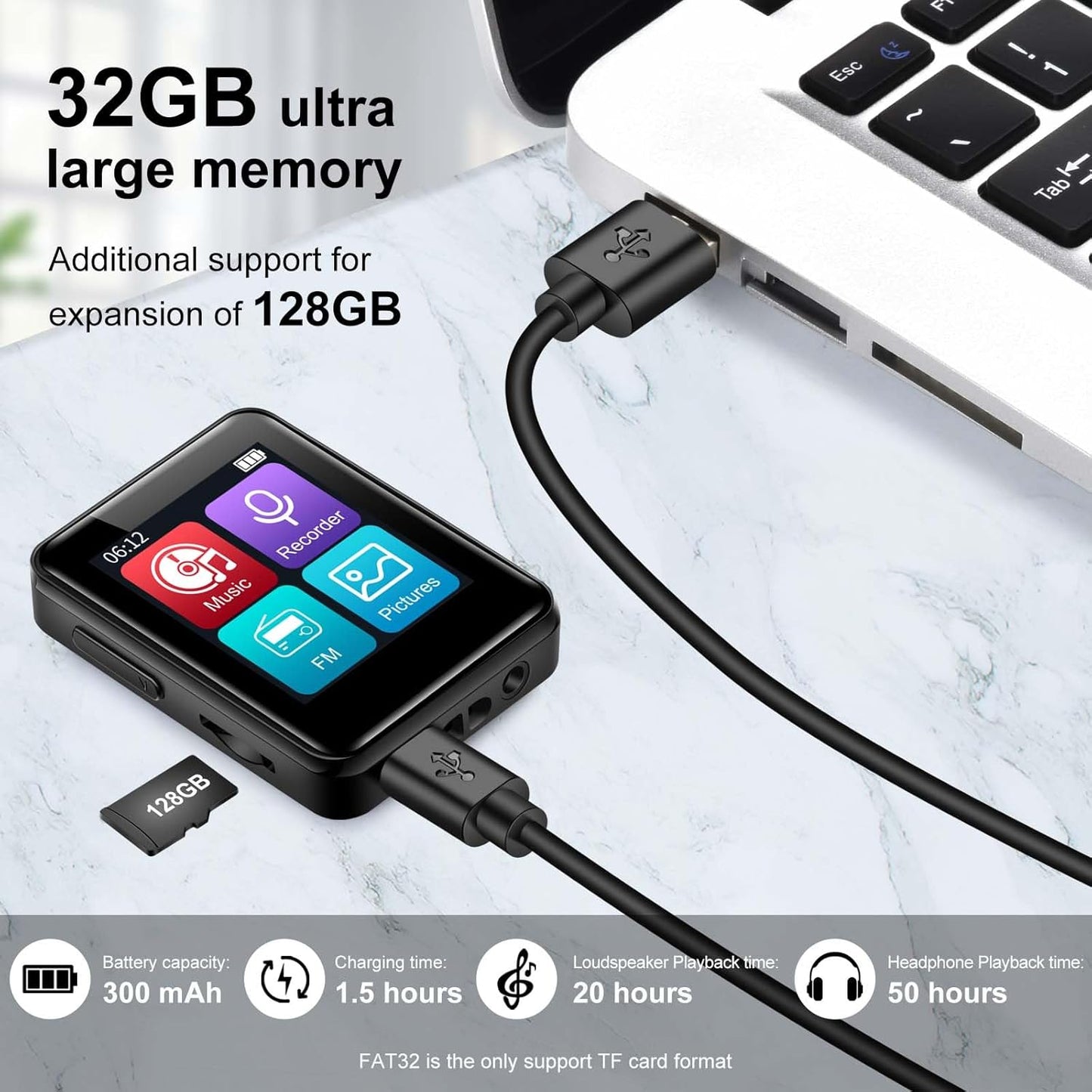 woolynew MP3 32GB 1.8 inch 512GB, Music Player with Bluetooth, Portable Mini Music Player with Screen, Speakers, FM