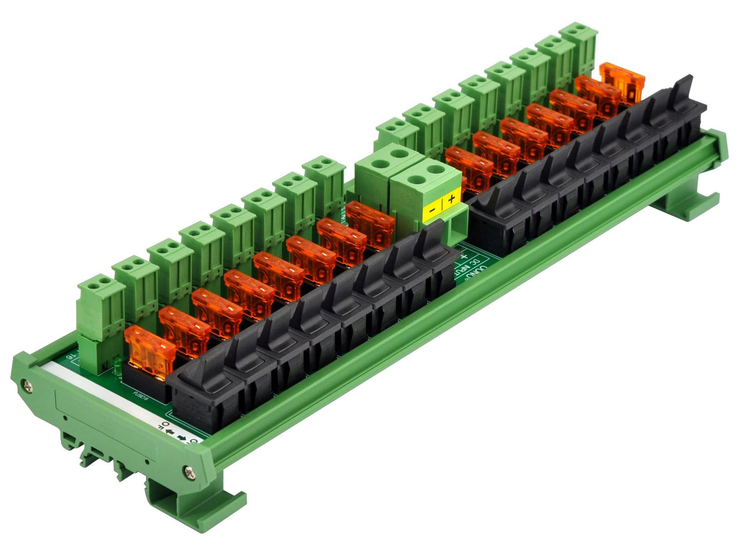 DC Power Distribution Module, Rocker Switch, Fused, Pluggable Top Wiring Terminal Block, DIN Rail and Screw Mount (16 Channel)