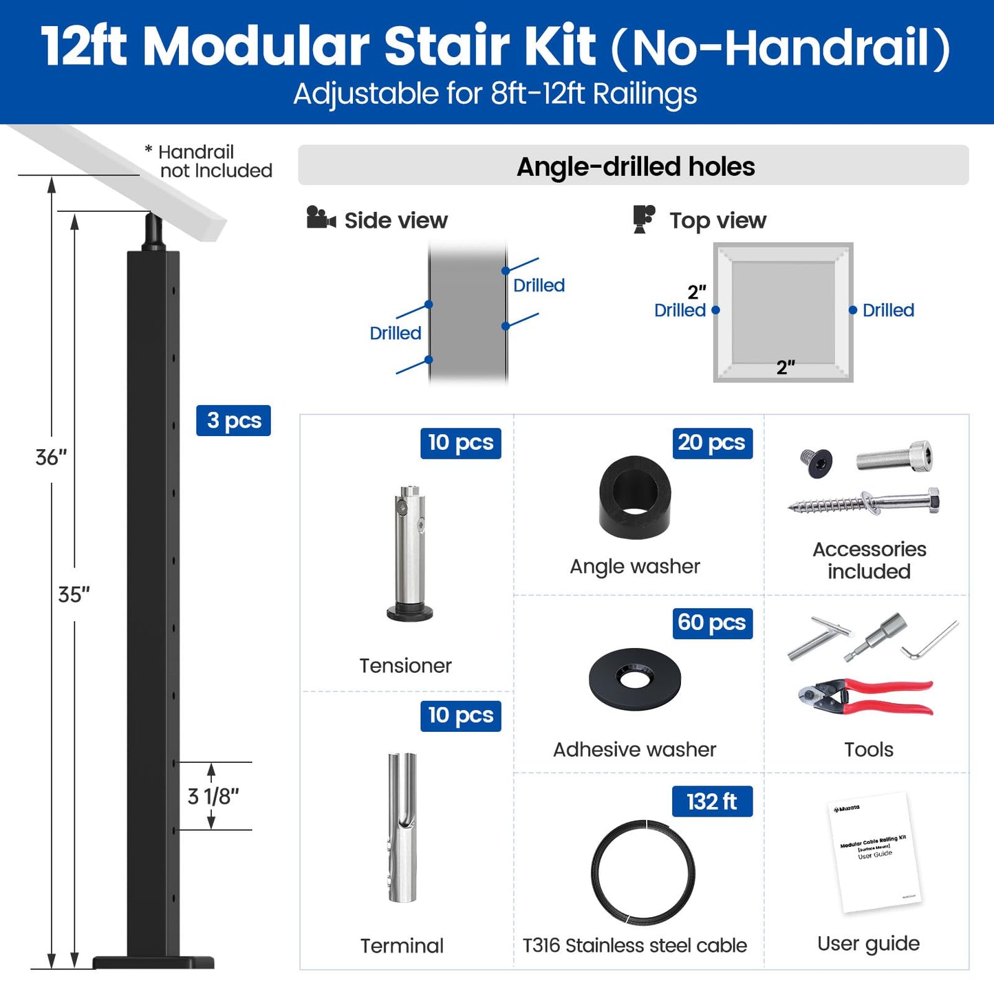 Muzata 8-12FT Modular Black Cable Railing Kit 36 Inch 3 Stair Post Kit Complete Set Cable Railing System for Stairs Length Adjustable Easy DIY with Paper User Guide (No Handrail) RW25
