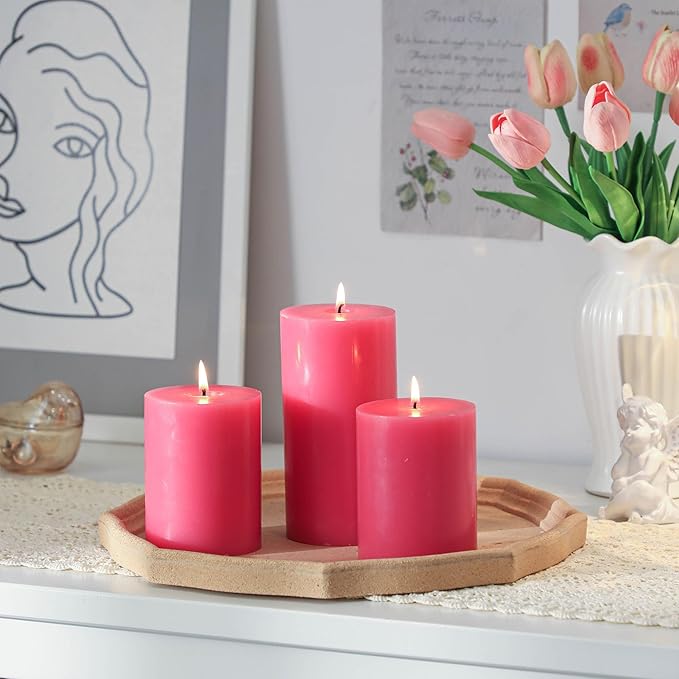 3x4 Inch Pink Pillar Candles Set of 3-Decorative Unscented Pillar Candle, Long Burning Dripless Candles for Table Decor, Smokeless Large Pillar Candle for Wedding Table, Dinner, Valentines Decor