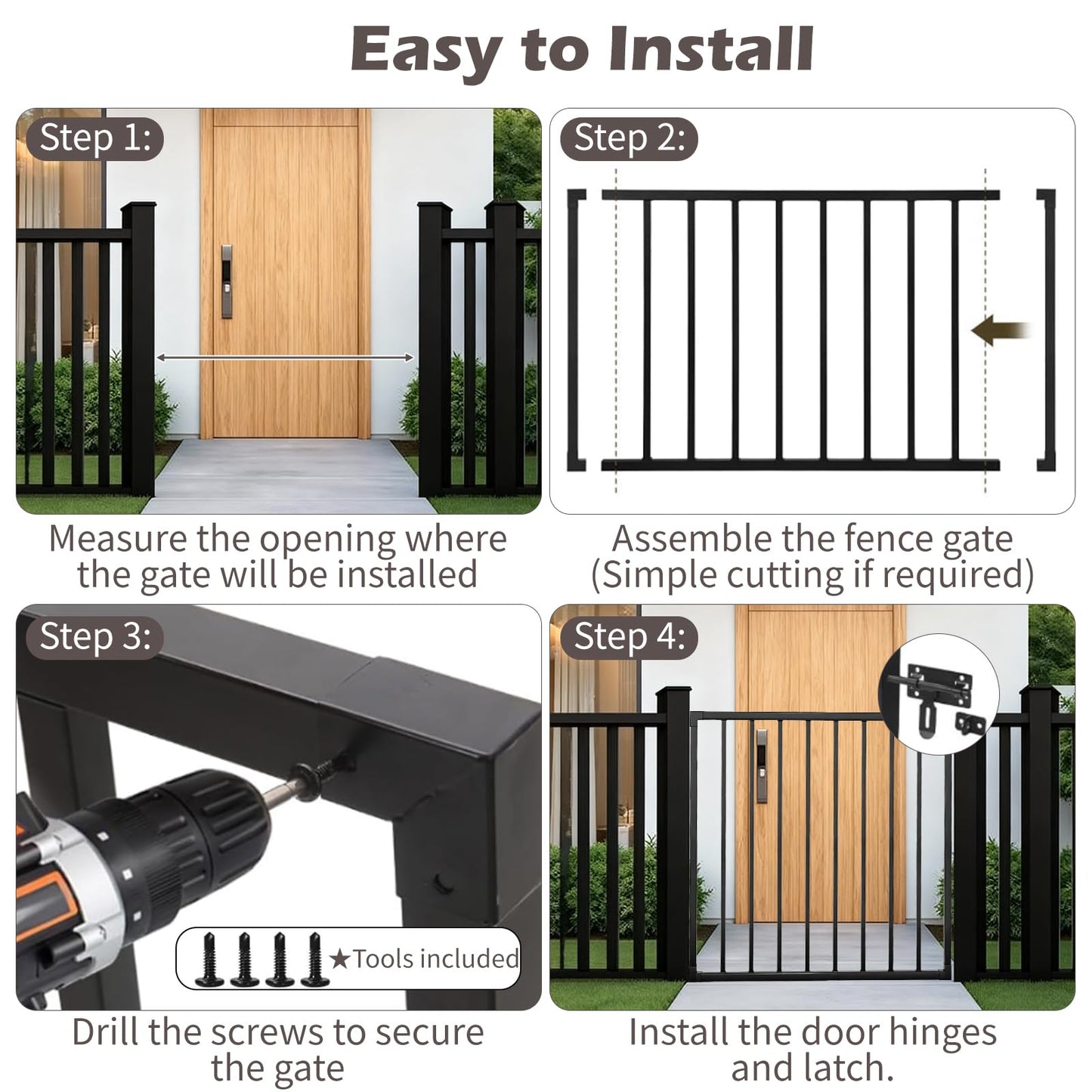 Outdoor Deck Fence Gate Kit, 48" W x 32" H Heavy Duty Metal Gate with Self-Closing Hinge & Lockable Latch, Fits Standard 36''H Deck, Weatherproof, Rust-Resistant, Used for Patio, Yard, Porch, Stairs