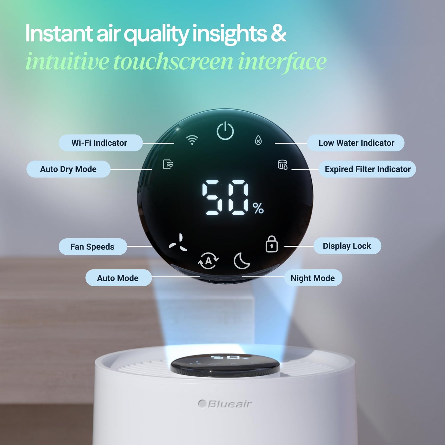 BLUEAIR Premium Smart Humidifier for Large Rooms, Bedrooms, Better Sleep with Evaporative Invisible Mist Tech, Auto Humidify, Easy Top Fill, Smart Control with App, Touchscreen, 3.5L Tank for 48 hours