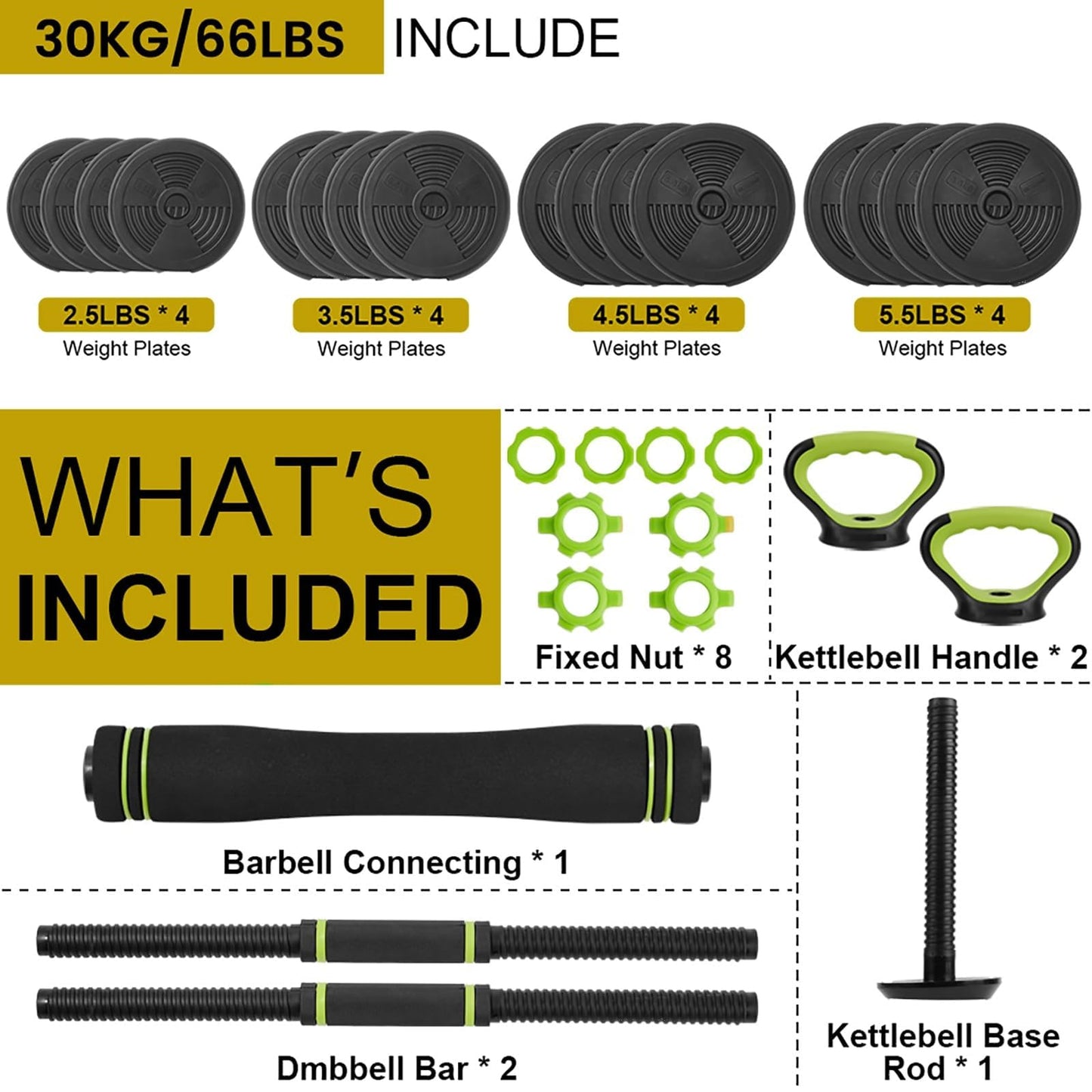 4-in-1 Adjustable Dumbbell Set, 66 Lbs Free Weights Set with Connector, Fitness Exercise Equipment Used As Kettlebells, Barbell, Push Up Stand, Weights Set for Home Gym Suitable Women/Men