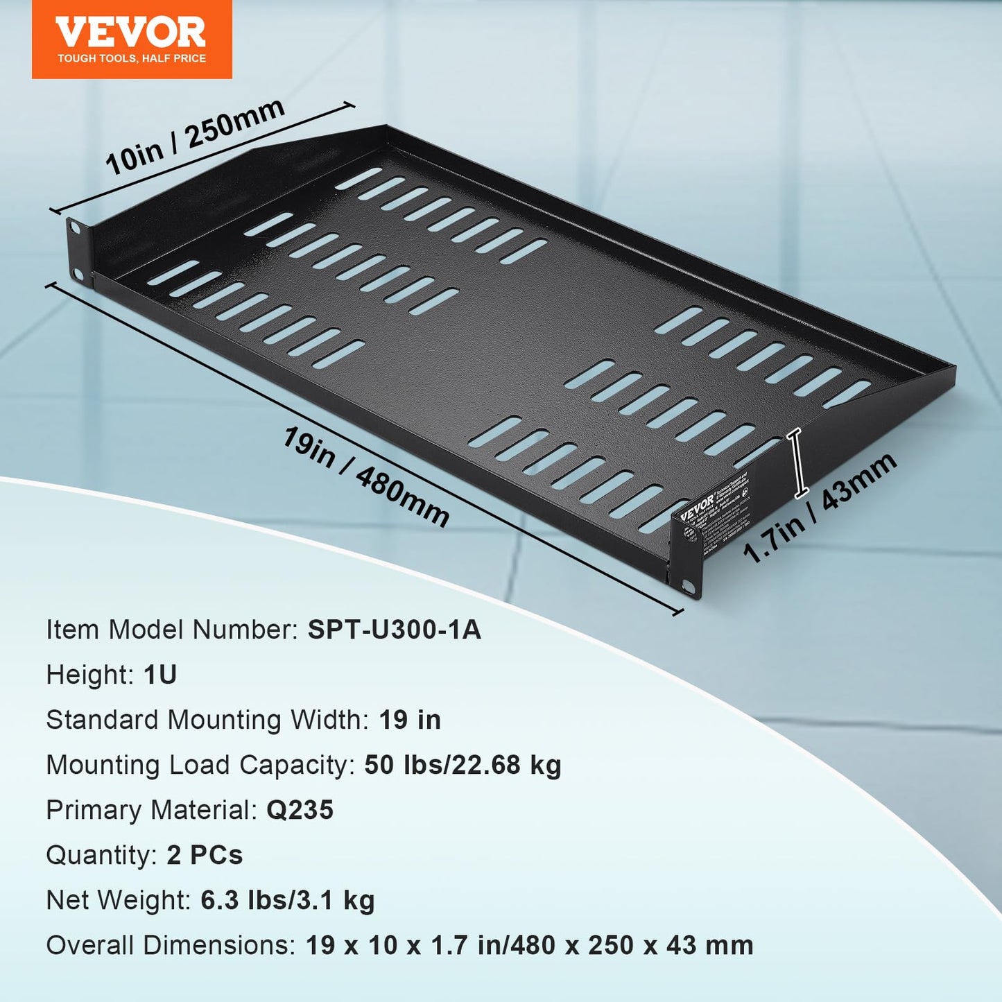 VEVOR 2PCS 1U Server Rack Shelf, Universal Vented Rack Mount Cantilever Tray for 19 inch Network Equipment Rack & Cabinet, 10" Deep Rack Mount Shelf, Weight Capacity 50 lbs Wall Mount Rack Shelf