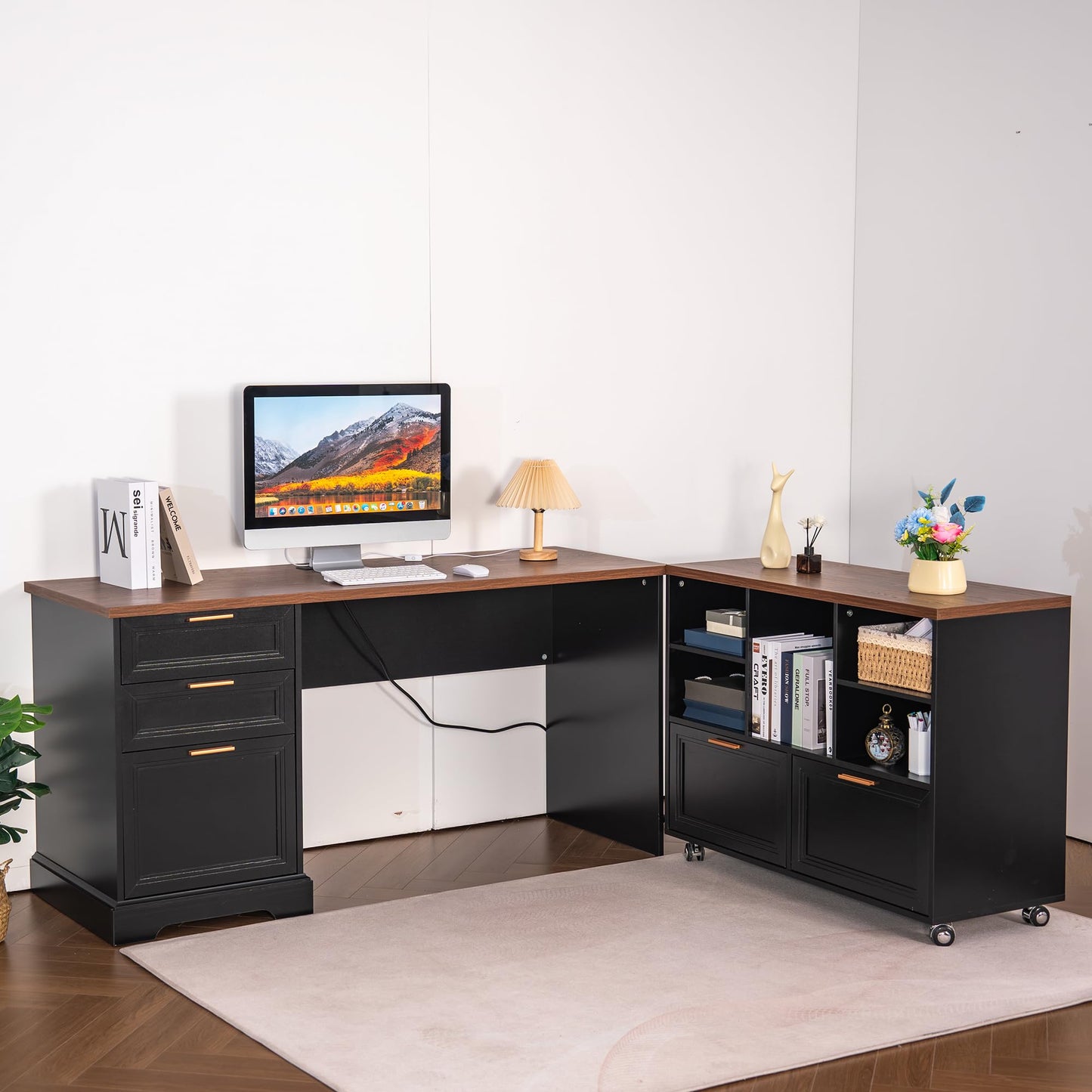 Zethvax 60" Farmhouse Executive Desk and 40" Mobile File Cabinet Combination,L Shaped Executive Desk with Charging Station,Home Office Desk for Office Work,Home Study