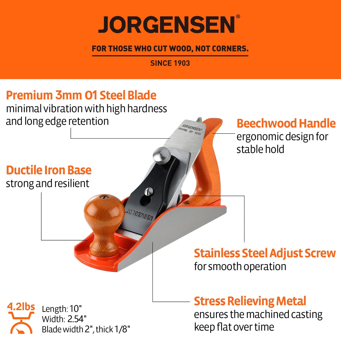 JORGENSEN No.4 10" Wood Plane , Hand Plane for Woodworking, Professional Smoothing Plane for Trimming, Craft - Hand Plane with Ductile Iron Body, Adjustable Cutting Depth
