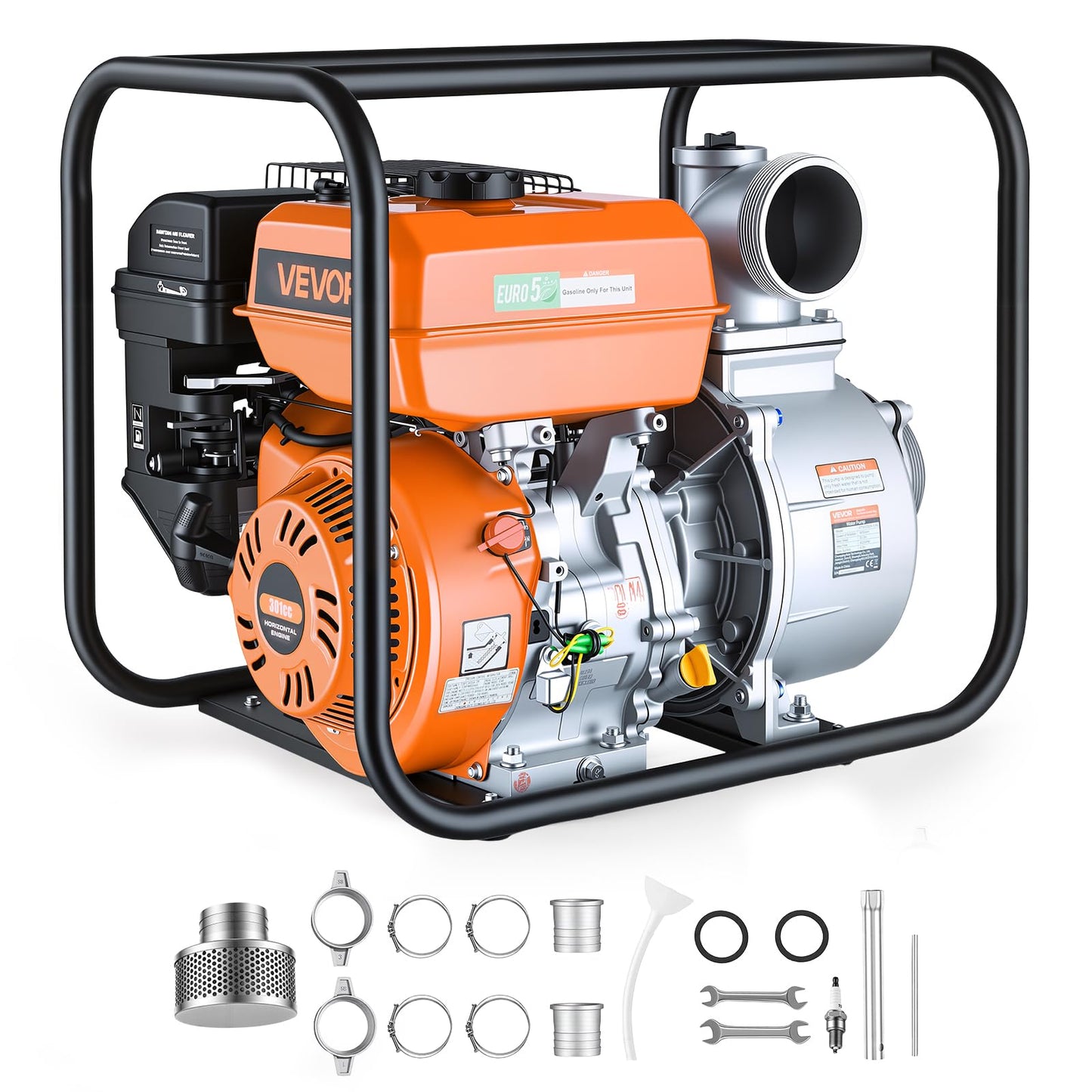 VEVOR Gas Powered Water Pump, 4 in, 422 GPM 8.3HP Semi Trash Water Transfer Pump Portable, Gasoline Engine with 25 ft Discharge Hose, Heavy Duty Frame, Cast Iron Impeller, for Irrigation, Ponds, Pools