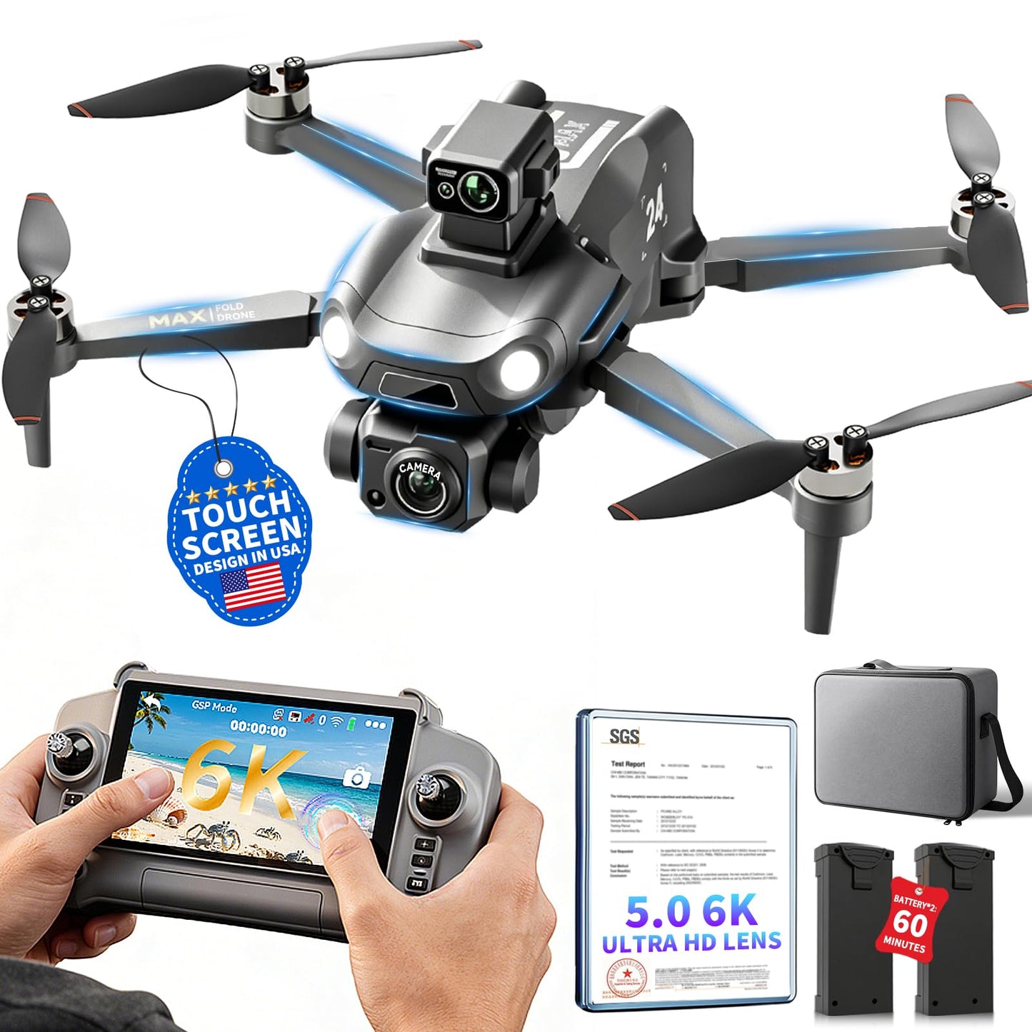 3.0 Upgraded GPS Drone for Adults -【5 Inch Full Touchscreen Controller】【 6K EIS Ultra Clear Camera】60-Min Long Flight Time with 2 Batteries, 10KM Video Transmission, Smart Auto Return, Under 249g