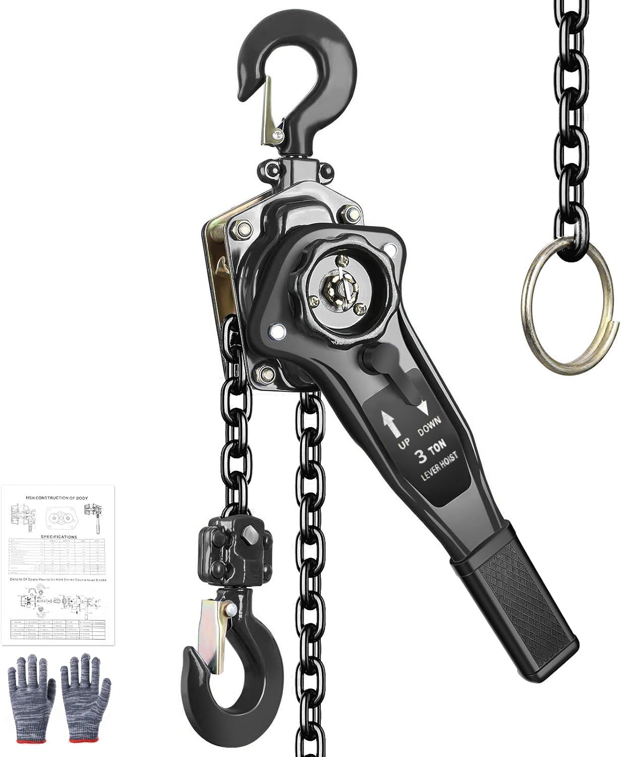 Manual Chain Hoist, 3 Ton (6600 lbs) Capacity, 10 FT Lift, Galvanized Steel Construction, Double Pawl Brake & 360° Swivel Hook for Garage, Workshop, Factory, Dock (Black, 3T-3m)