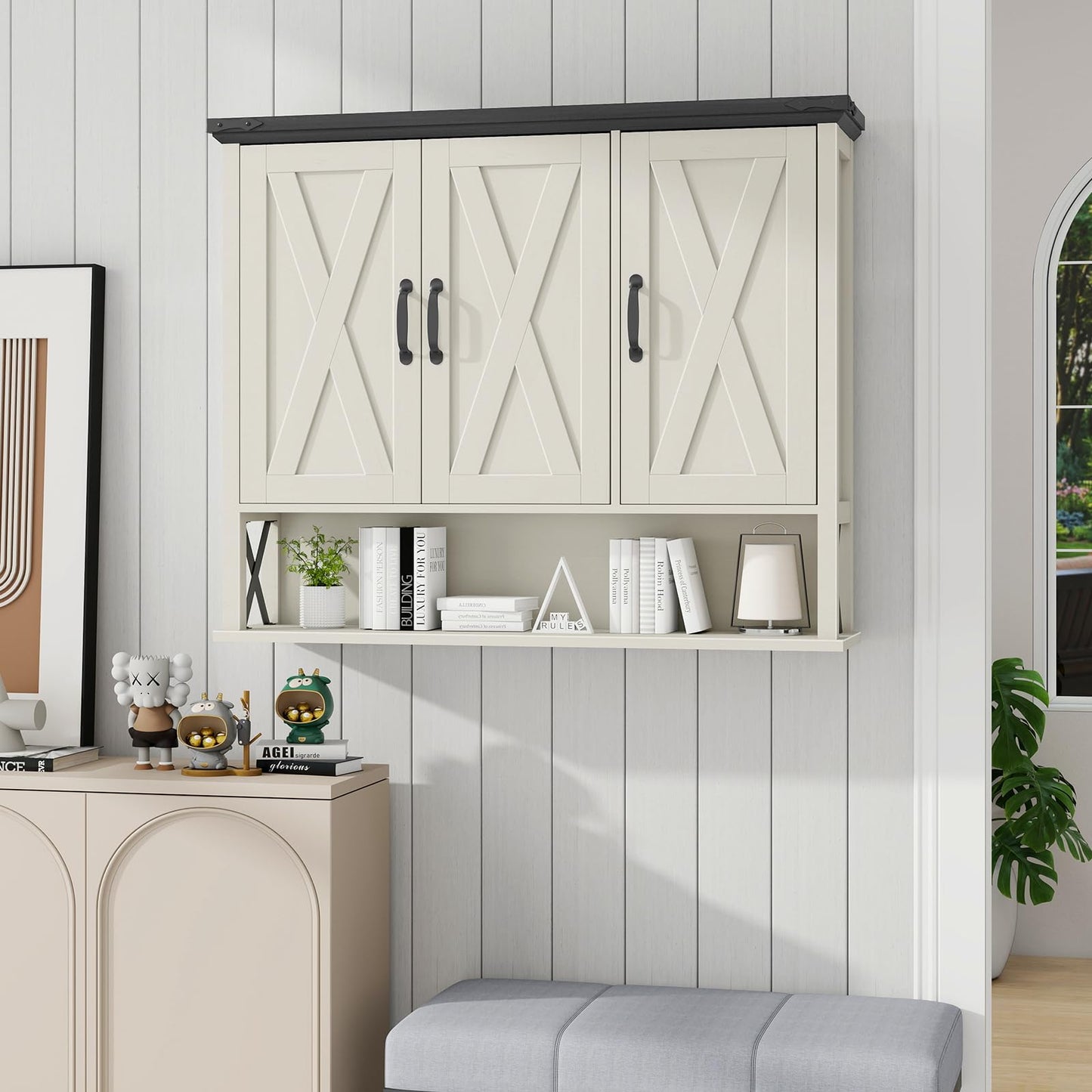 Halitaa Bathroom Wall Cabinet, Farmhouse Medicine Cabinet with Adjustable Wood Shelf & 3 Doors, Over The Toilet Storage Cabinet for Wall Mounted for Bathroom Laundry Room Kitchen, White and Black