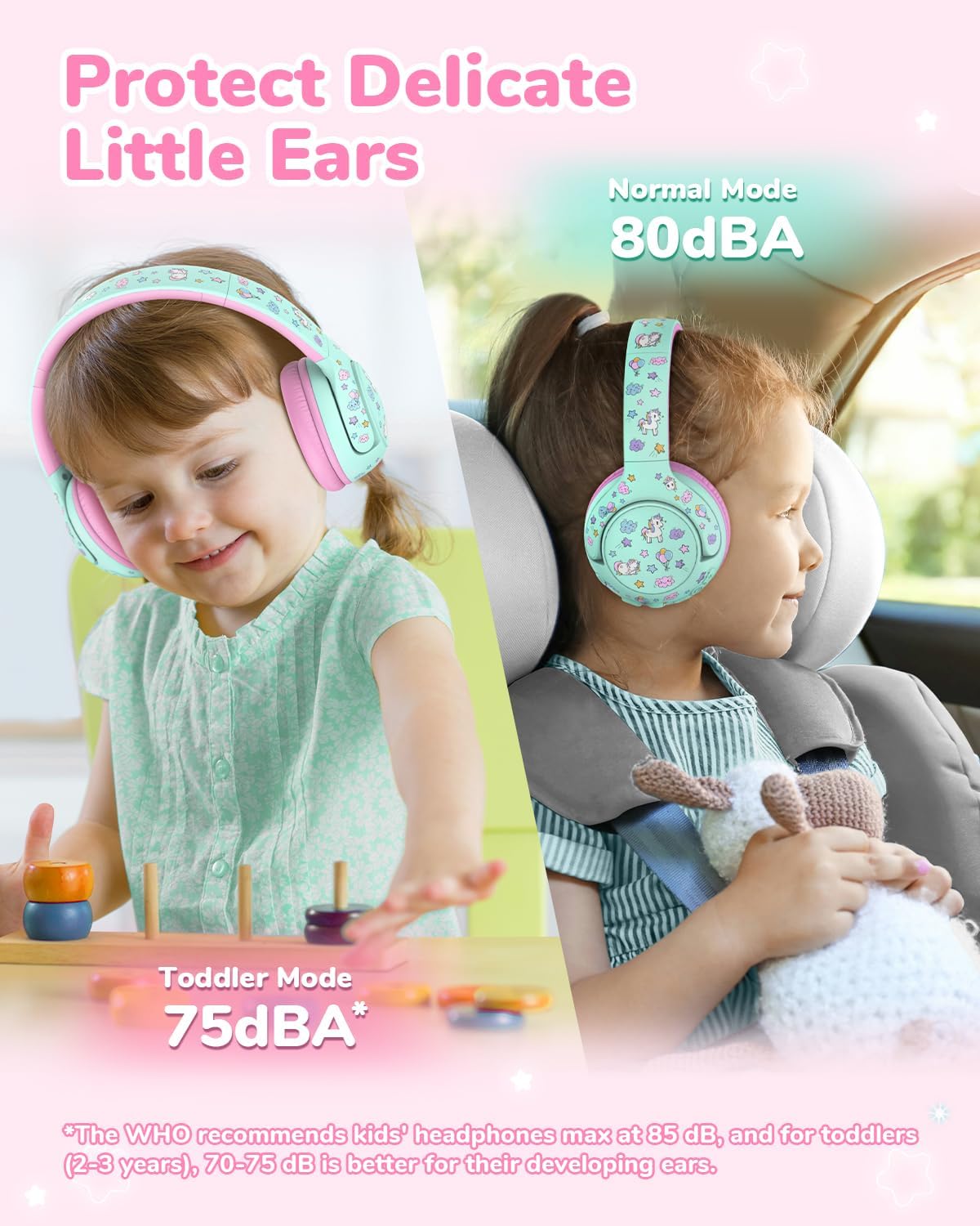 BTH27 2+ 75/80dBA 74H 5.4, iClever Toddler Headphones for Year Old-CPC Certified, Safe Volume Limited, Playtime