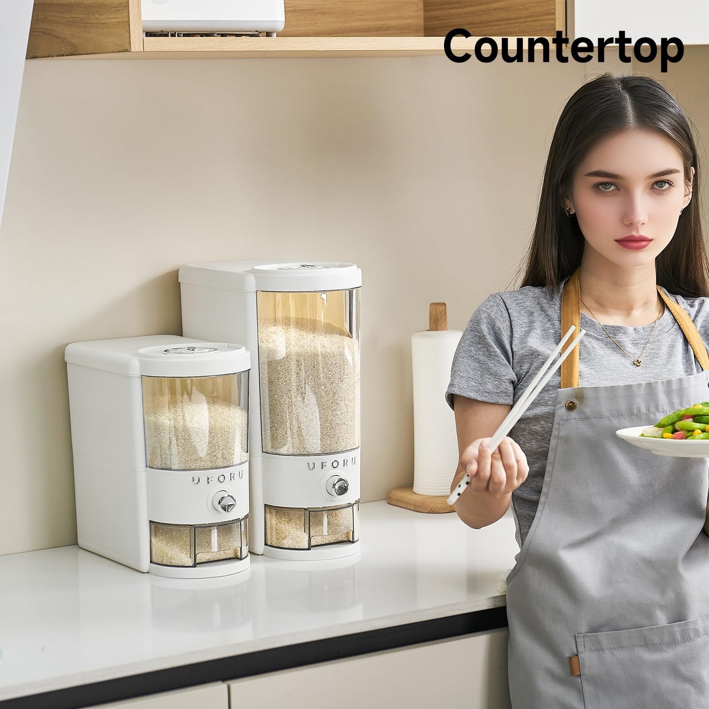 UFORU Rice Dispenser 20 lbs | Large Rice Storage Container for Kitchen&Pantry - Space-saving, Moisture & Pest-proof, BPA-Free - Dry Food Dispenser with One-Touch Dispenser & Measuring Cup for Families