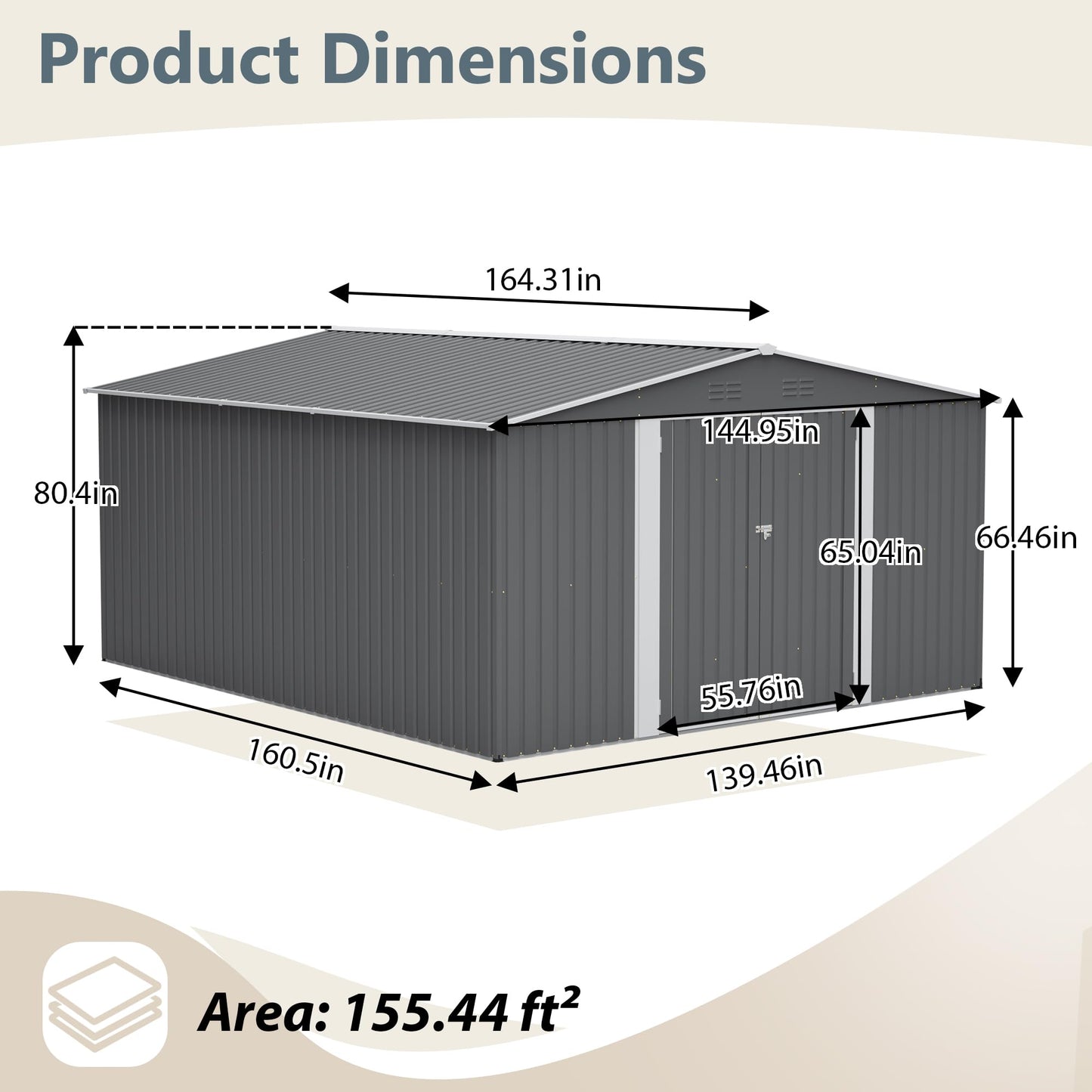 12'x14' Galvanized Steel Outdoor Storage Shed with Built-in Raised Metal Floor, Lockable Double French Hinged Doors & 4 Top Air Vents, Extra Large Garden Tool Shed, Gray