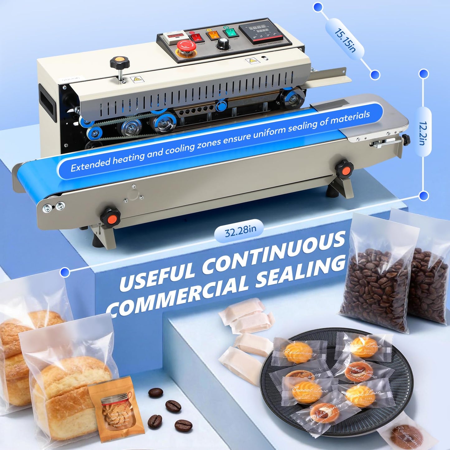 Frifreego Automatic Continuous Bag Sealer, 0.24-0.47 in Seal Width with Digital Temperature Control/Emergency Stop Automatic Coffee Bag Sealer for Plastic Bags, Cookie, Food Storage, Bakery