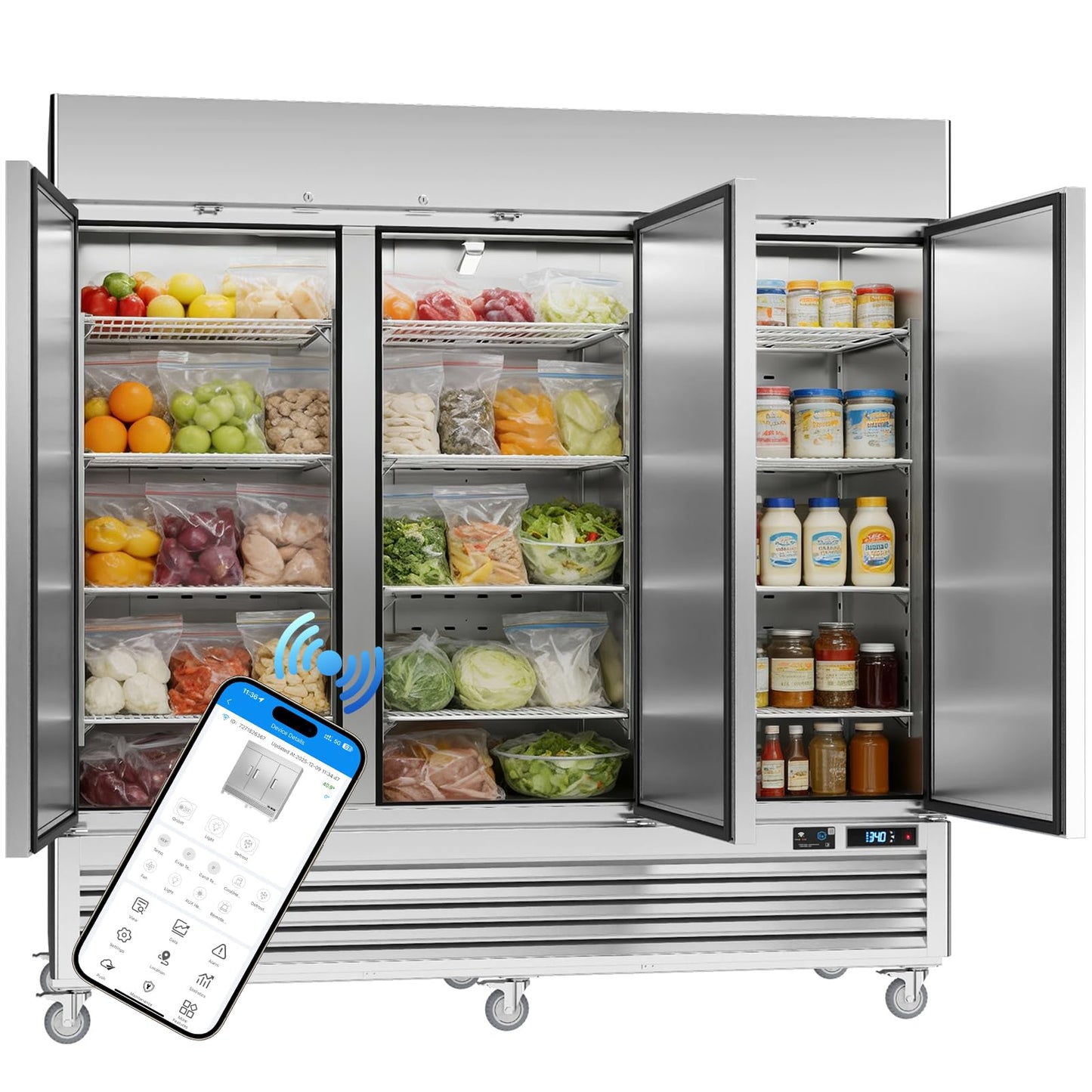 VEECOOL 72 cu.ft Commercial Refrigerator WiFi-Enabled, 82" Two Section Full Door Stainless Steel Reach in Refrigerator, LED Lighting, App and Digital Control, R290 Refrigerant, ETL&ETL Sanitation