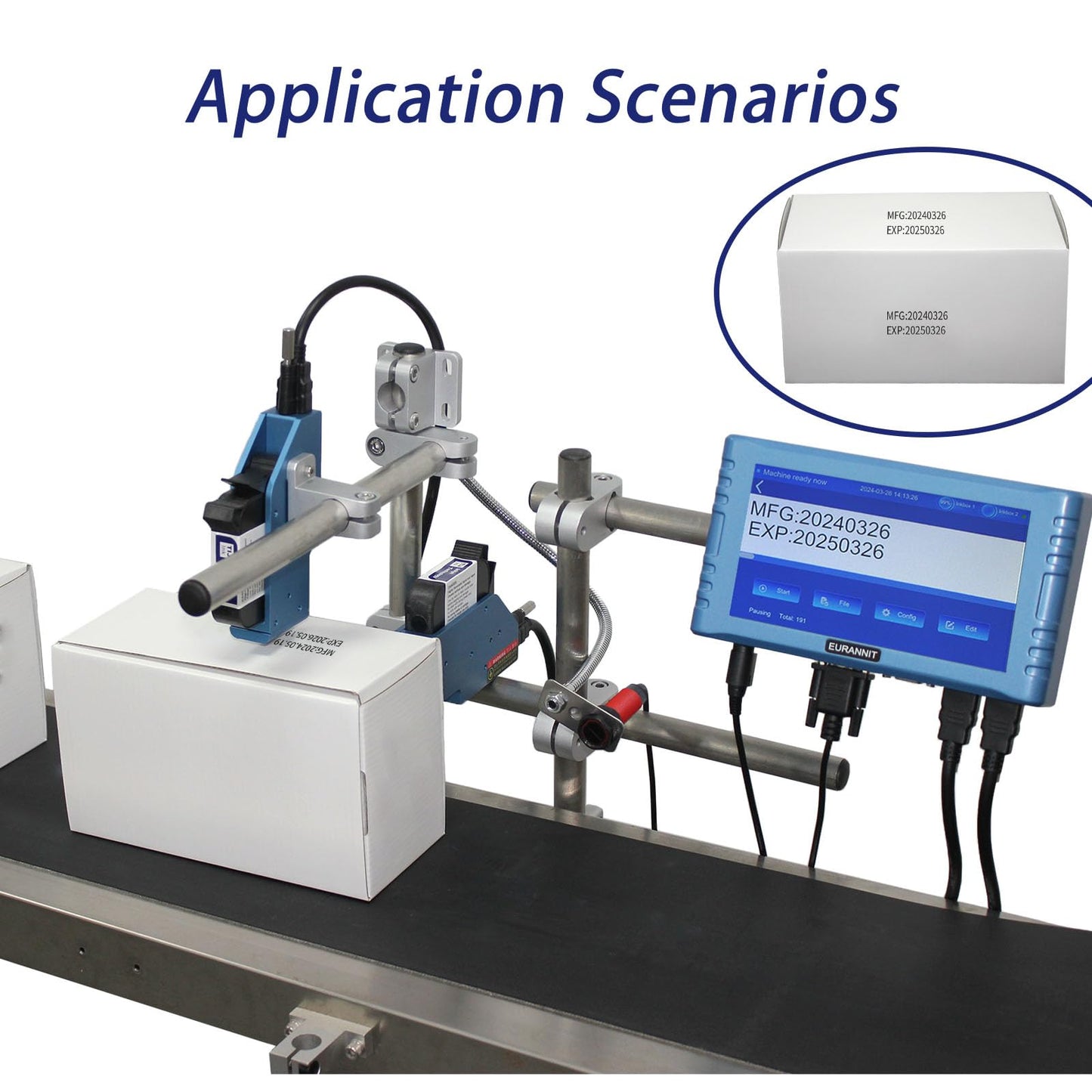 Eurannit Automatic Inkjet Coding Machine for Production Line, Thermal Inkjet Printer 260E with 7”Touchable Screen for Date/Batch/QRCode/Barcode/Logo etc (2 Nozzle Separate/ 1 in)